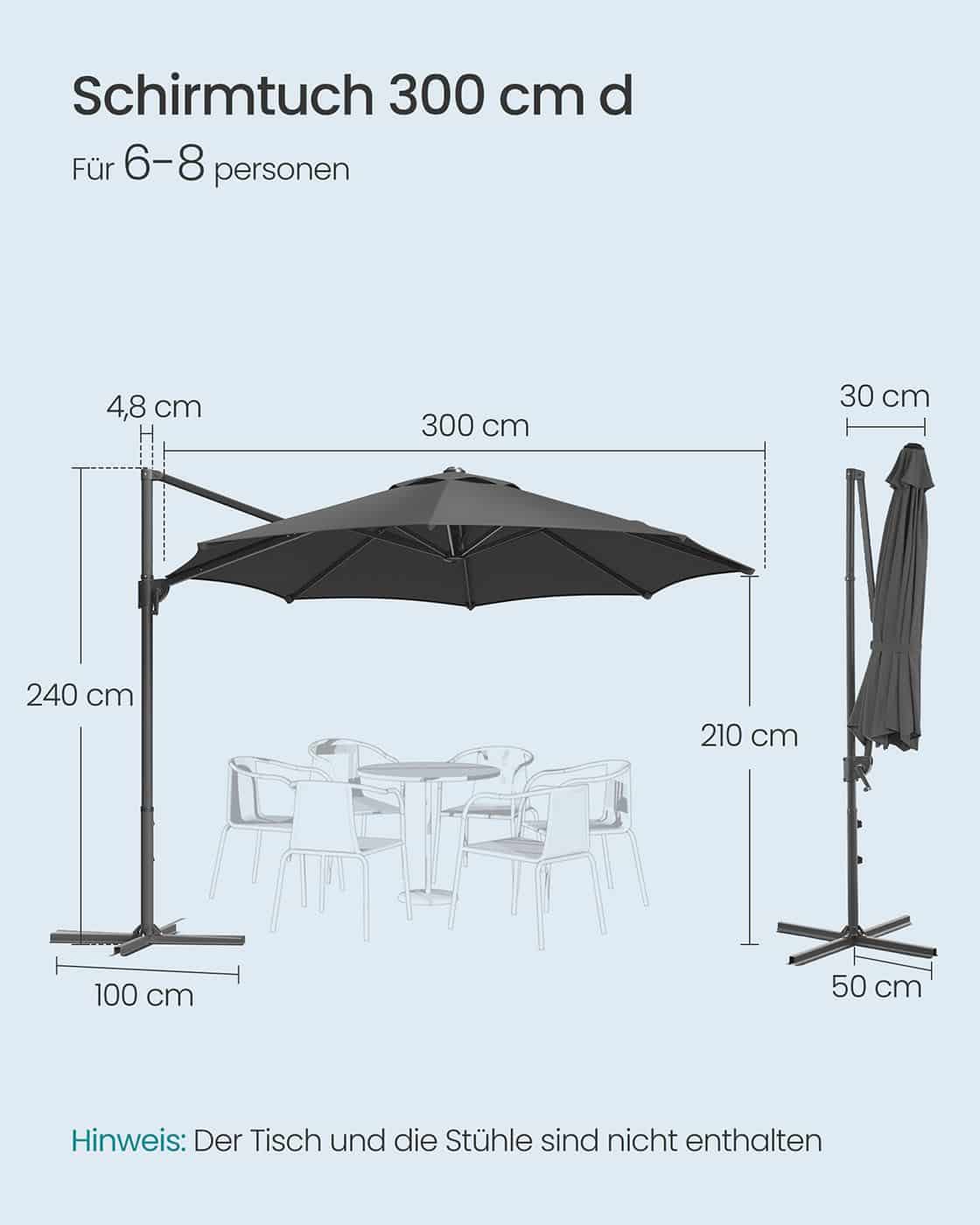 Sonnenschirm 300 cm UPF 50+ mit Kurbel und Kreuzfuß grau Sonnenschirm 300 cm UPF 50+ mit Kurbel und Kreuzfuß grau