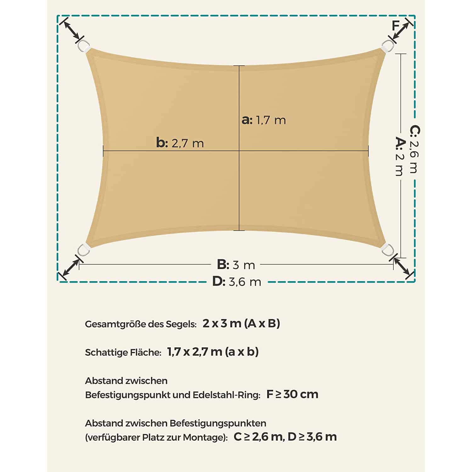Sonnensegel 2 x 3 m rechteckig sandgelb Sonnensegel 2 x 3 m rechteckig sandgelb