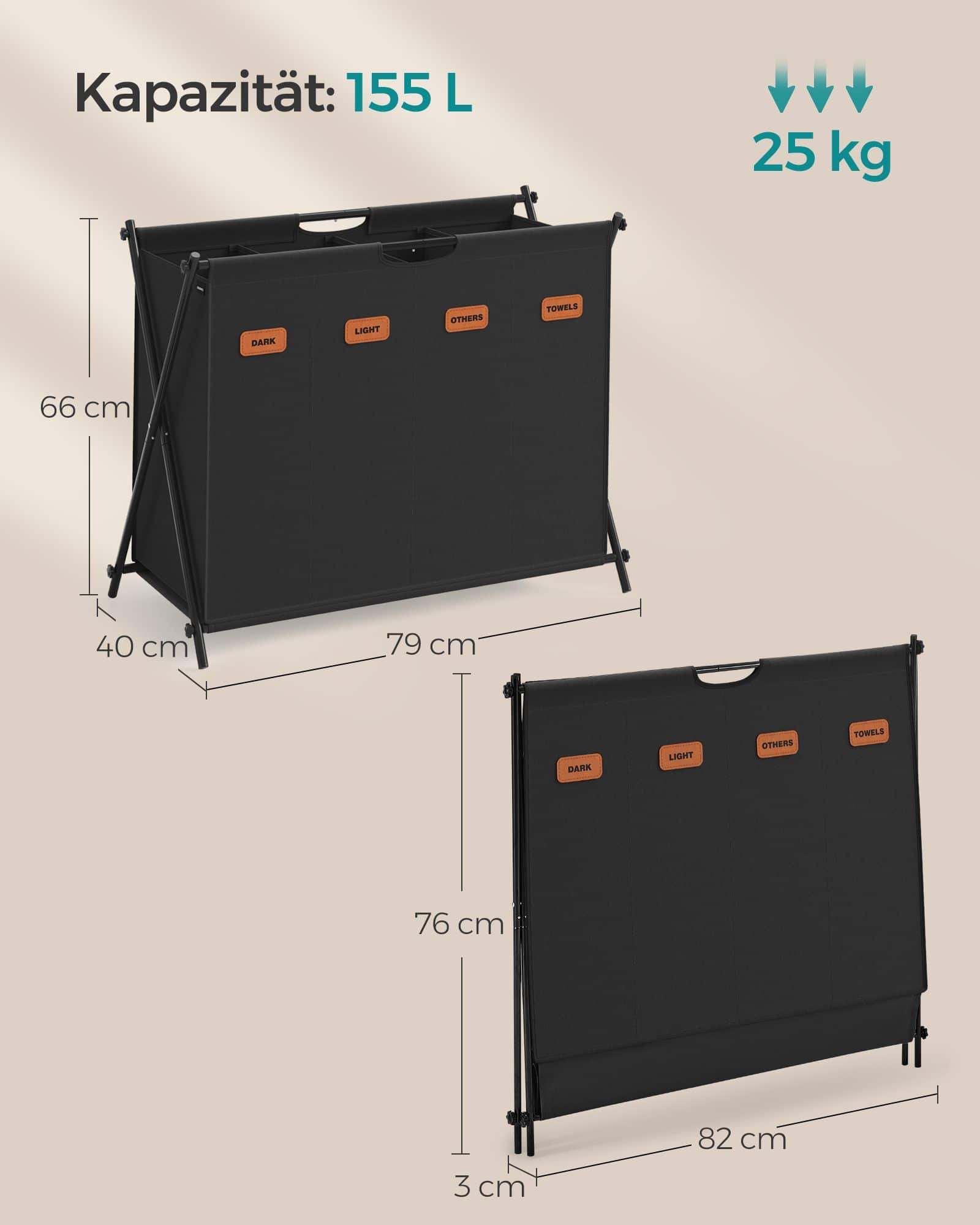 Wäschekorb 155 Liter mit 4 Fächern tintenschwarz Wäschekorb 155 Liter mit 4 Fächern tintenschwarz