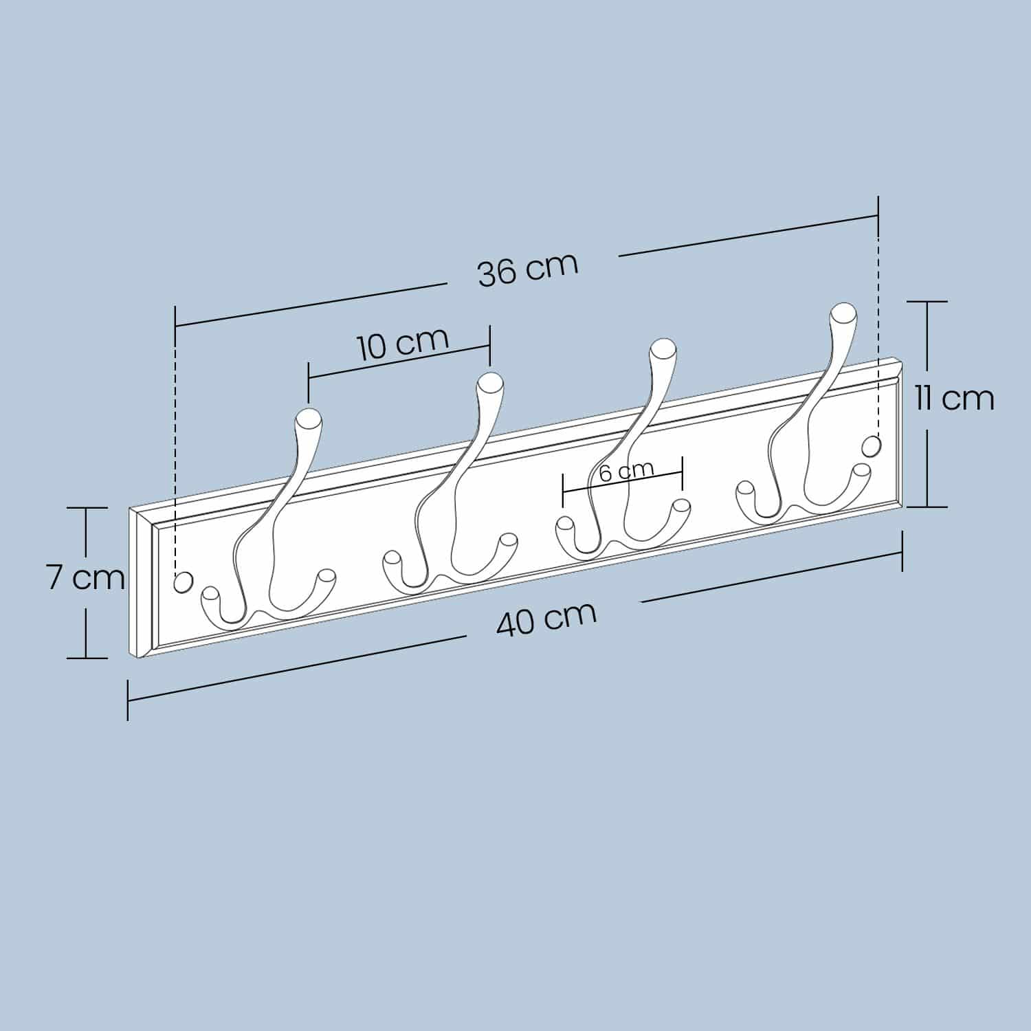 Wandgarderobe, Garderobenleiste, 4 Dreifach-Haken aus Metall