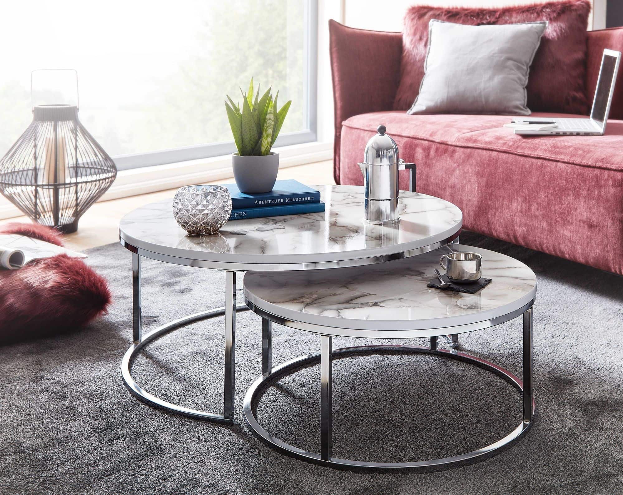 Couchtisch 2er Set Weiß Silber Marmor Optik Sofatisch Rund Modern Couchtisch 2er Set Weiß Silber Marmor Optik Sofatisch Rund Modern