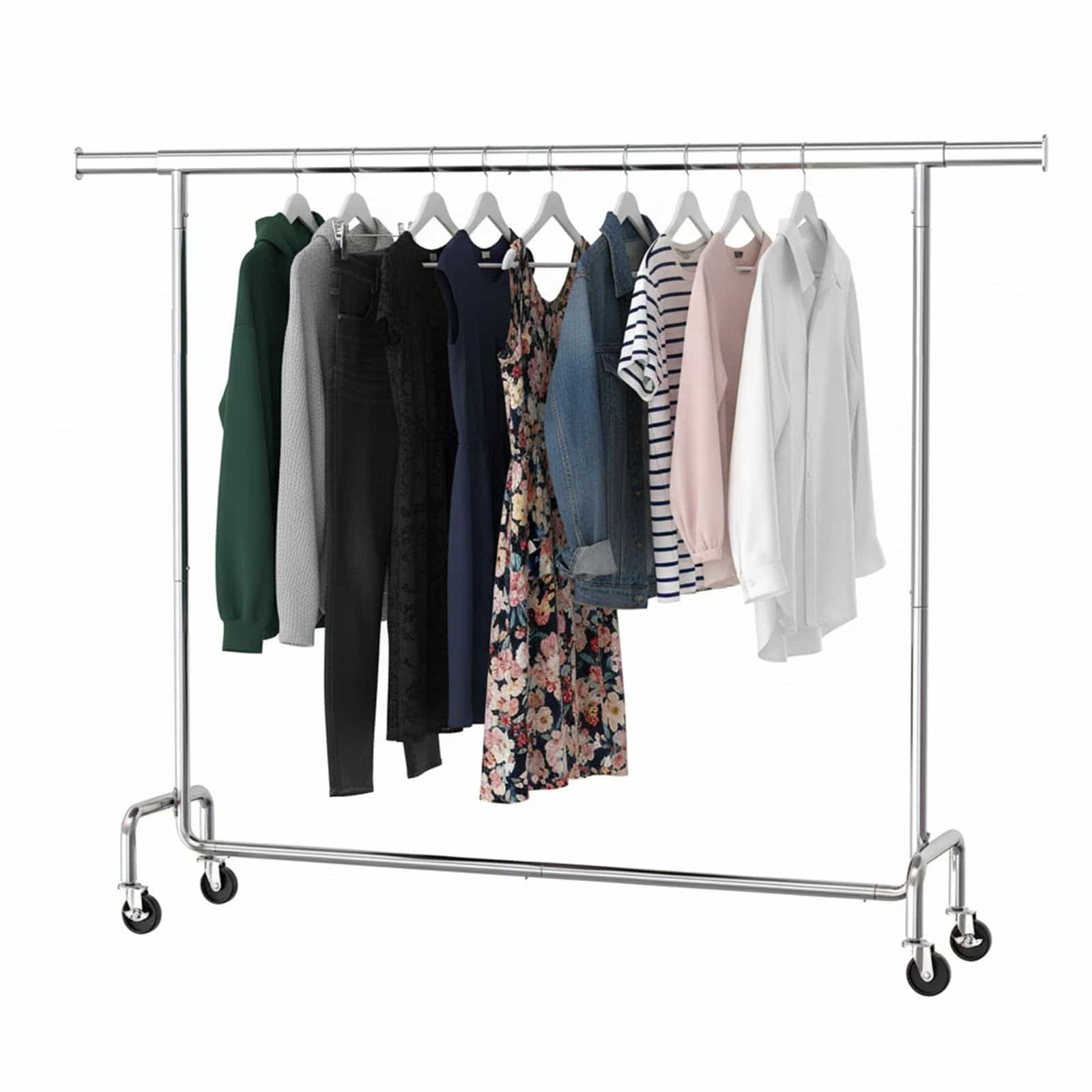 Kleiderständer auf Rollen, ausziehbare Kleiderstange, bis 110 kg belastbar Kleiderständer auf Rollen, ausziehbare Kleiderstange, bis 110 kg belastbar