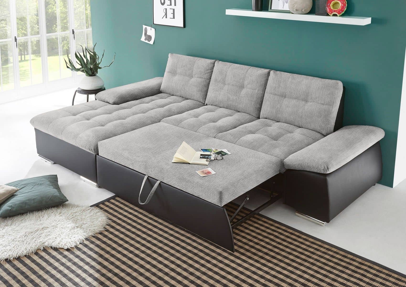 Ecksofa Jakarta Schwarz | Silber – Modernes Sofa mit Schlaffunktion & verstellbaren Armlehnen Ecksofa Jakarta Schwarz | Silber – Modernes Sofa mit Schlaffunktion & verstellbaren Armlehnen