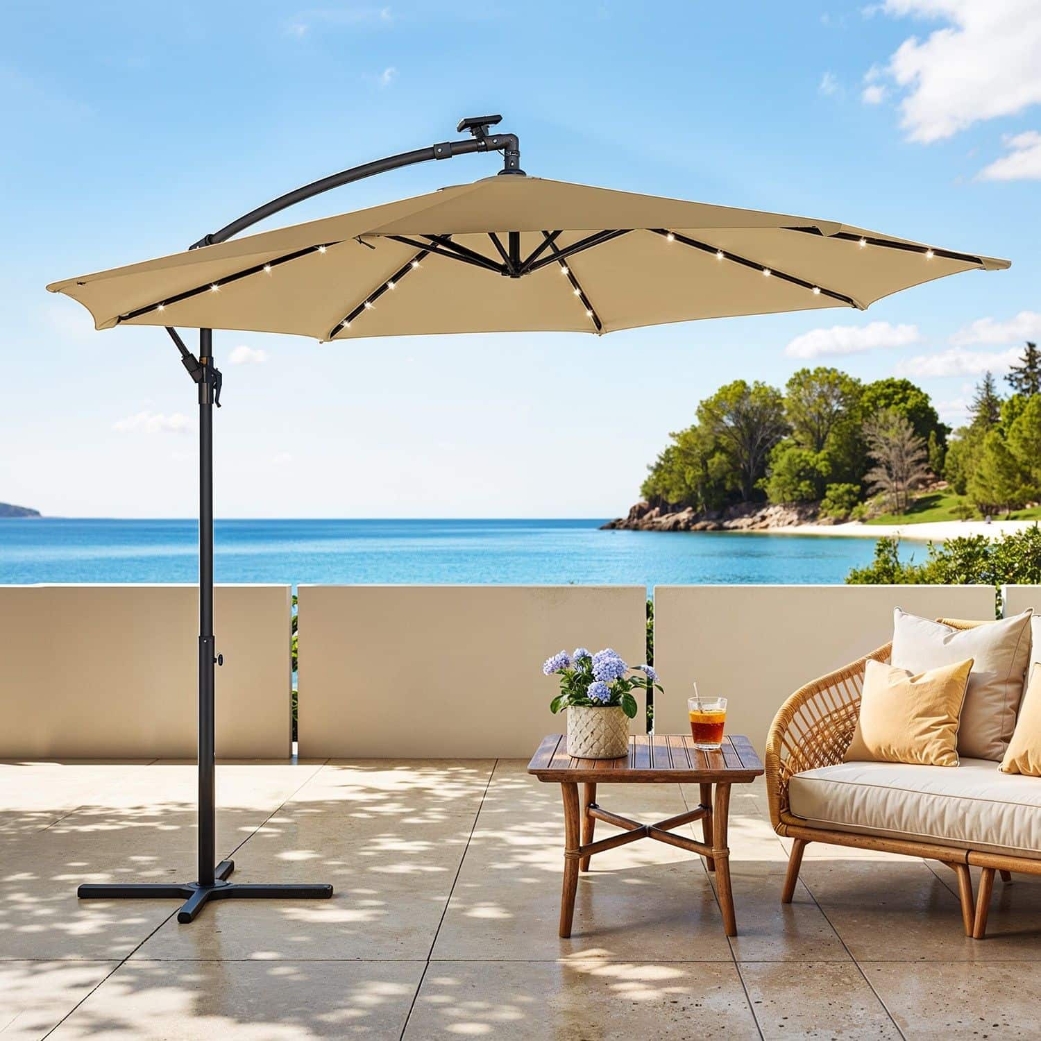 Sonnenschirm mit LED-Solar-Beleuchtung, Ampelschirm 300 cm d, 32 LED-Lämpchen