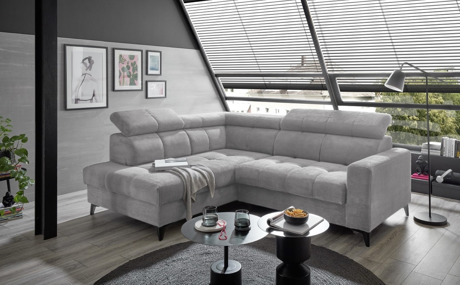 Ecksofa Bavaro elektronischer Sitztiefenverstellung und Breitcord-Bezug Ed Exciting Design