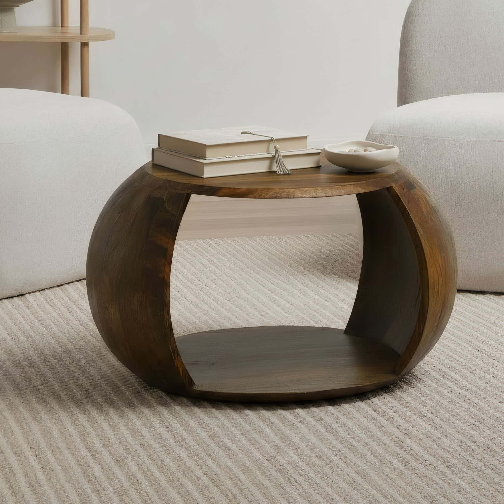 Couchtisch Mango Massivholz rund 60 cm x 46 cm x 36 cm - Wohnzimmertisch mit Ablagefach - Handgefertigter Sofatisch aus Echtholz im natürlichen Landhaus Design