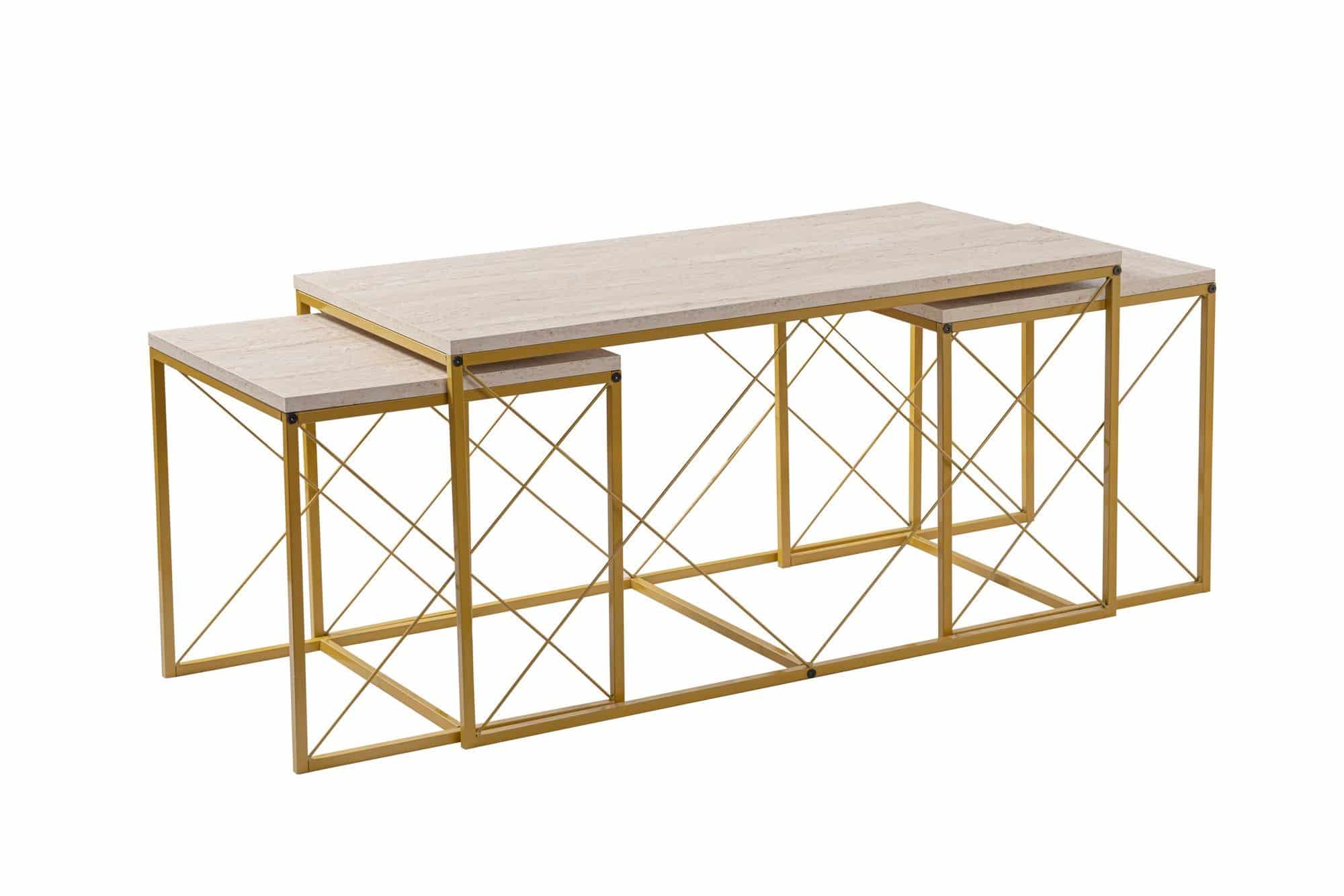 Defne - Gold, Travertine - Couchtisch Set
