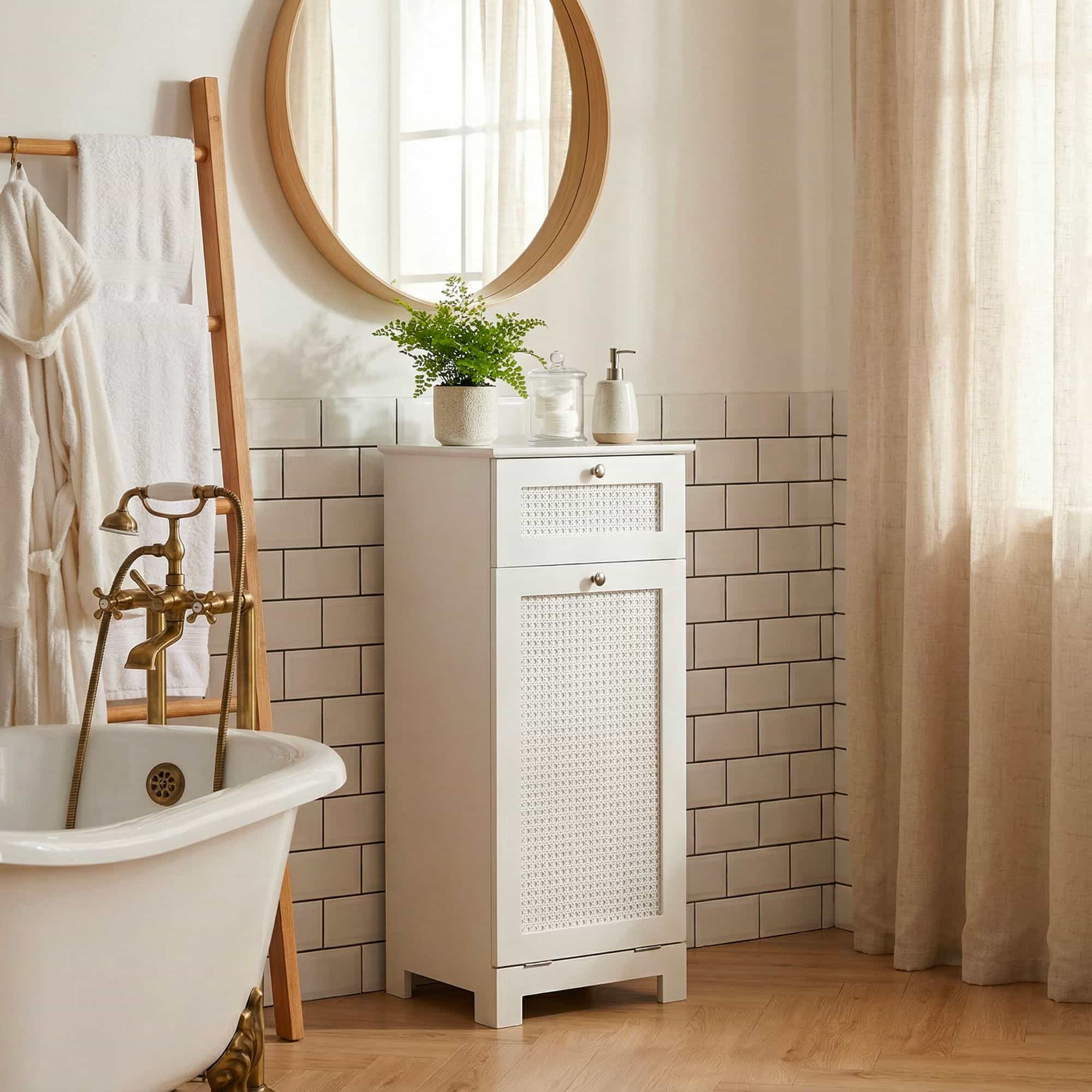 Wäscheschrank Weiß 38x90x40 cm Ratten Geflecht Nischenschrank Bad - Schmaler Wäschekipper mit Klapptür und Schublade - Badschrank Wäschesammler Badezimmer Wäscheschrank Weiß 38x90x40 cm Ratten Geflecht Nischenschrank Bad - Schmaler Wäschekipper mit Klapptür und Schublade - Badschrank Wäschesammler Badezimmer