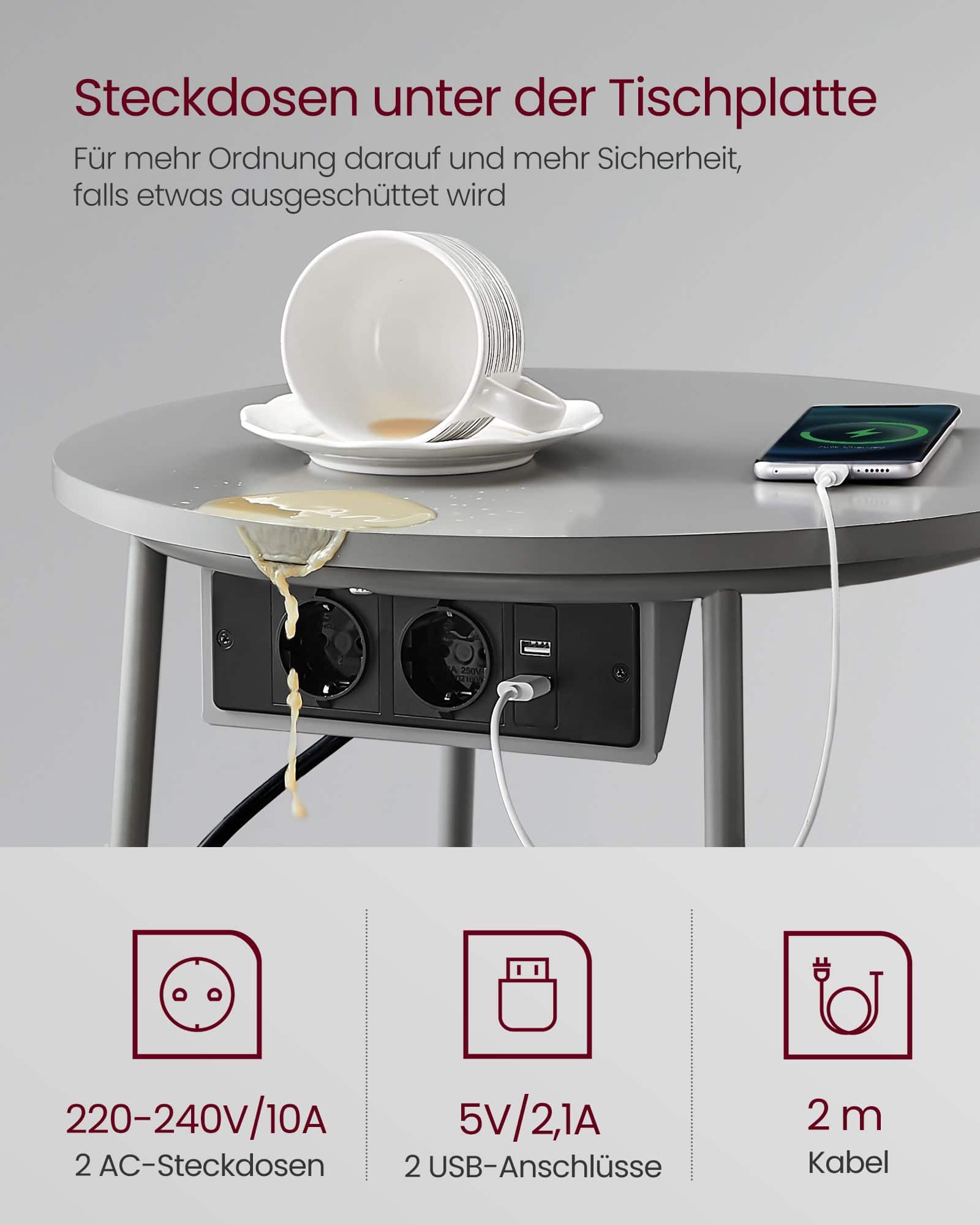 Beistelltisch mit Ladestation und Steckdose taubengrau-schiefergrau