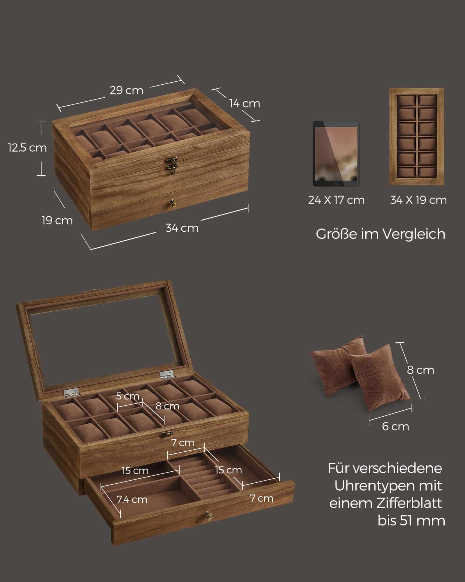 Uhrenbox mit 12 Fächern aus Massivholz walnussfarben