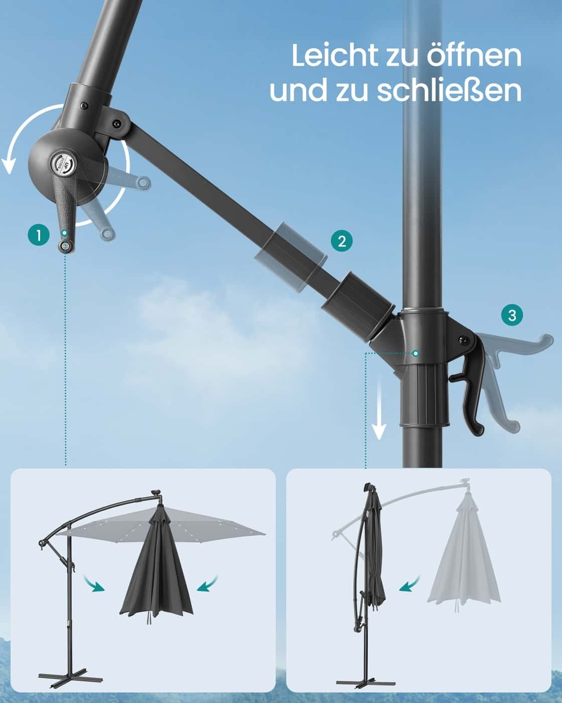 Sonnenschirm mit LED-Solar-Beleuchtung und Ständer Sonnenschirm mit LED-Solar-Beleuchtung und Ständer