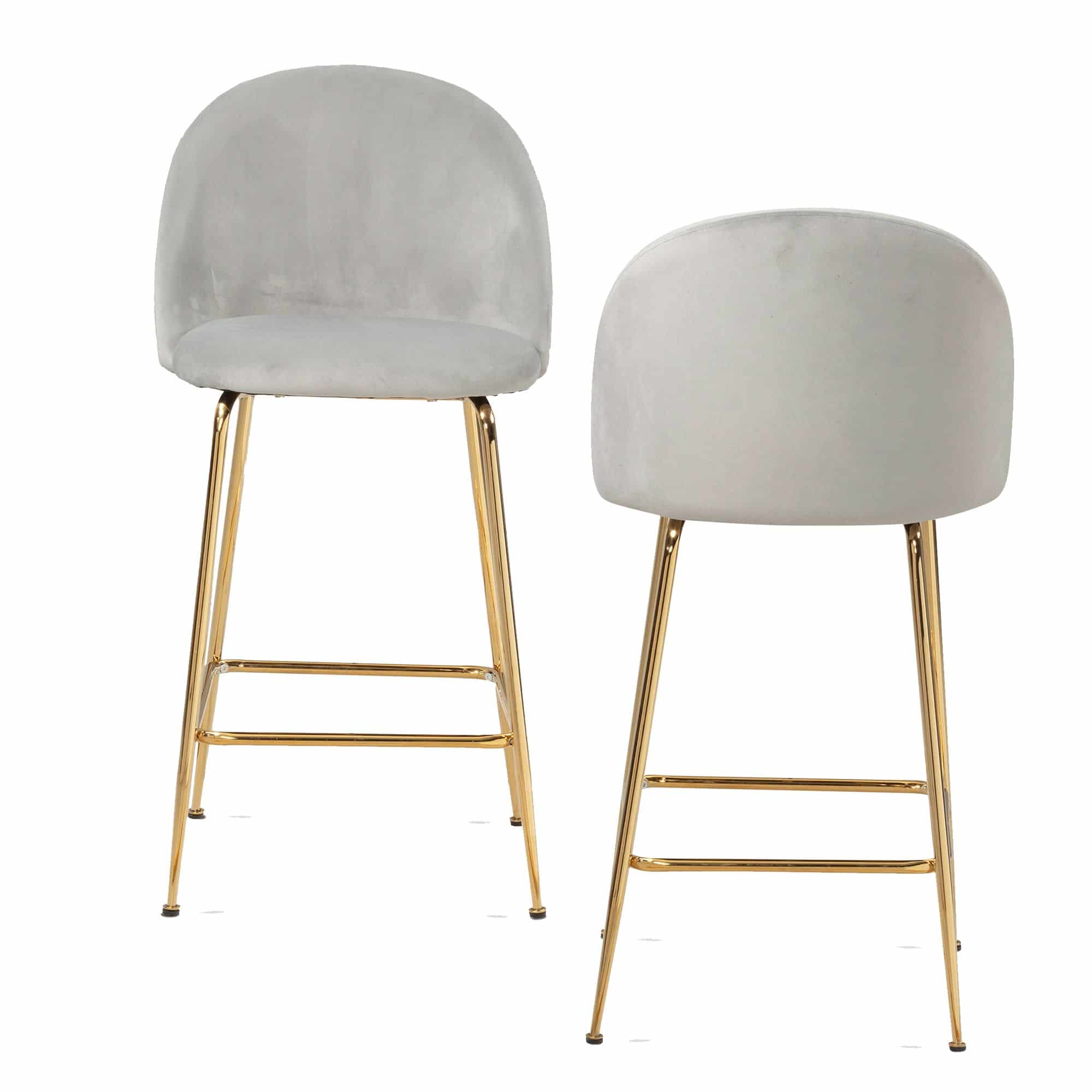 2er Set Barhocker Samt Grau Hocker mit Lehne & goldenen Beinen 2er Set Barhocker Samt Grau Hocker mit Lehne & goldenen Beinen