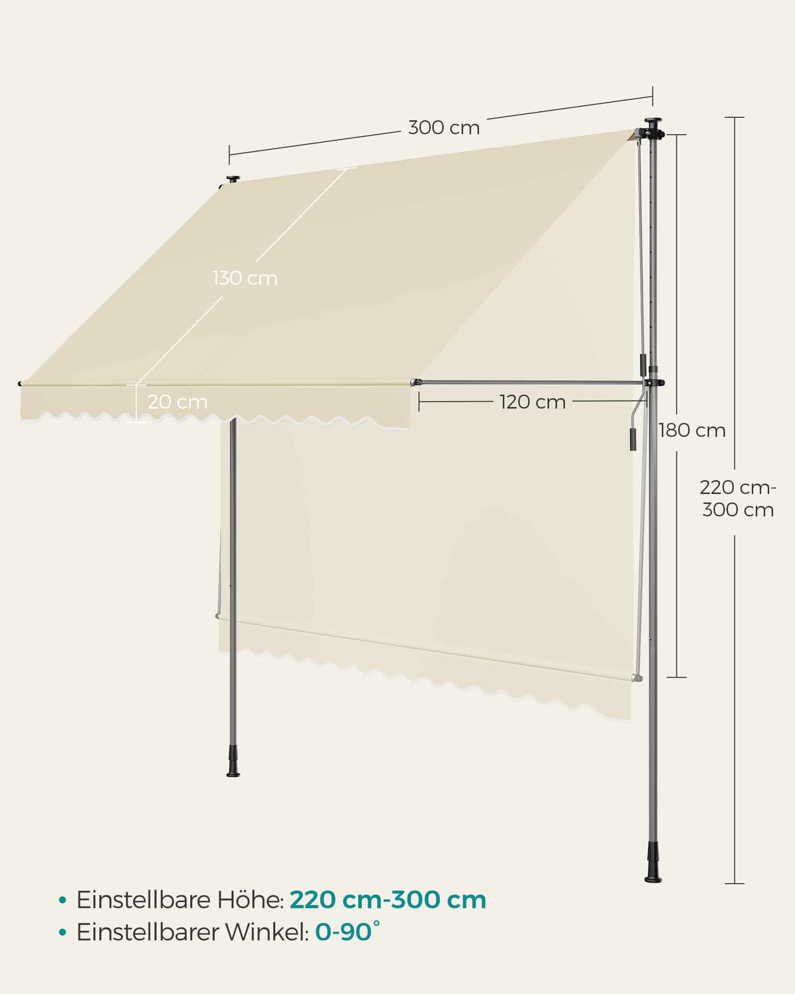 Klemmmarkise mit Handkurbel 300 x 120 cm beige