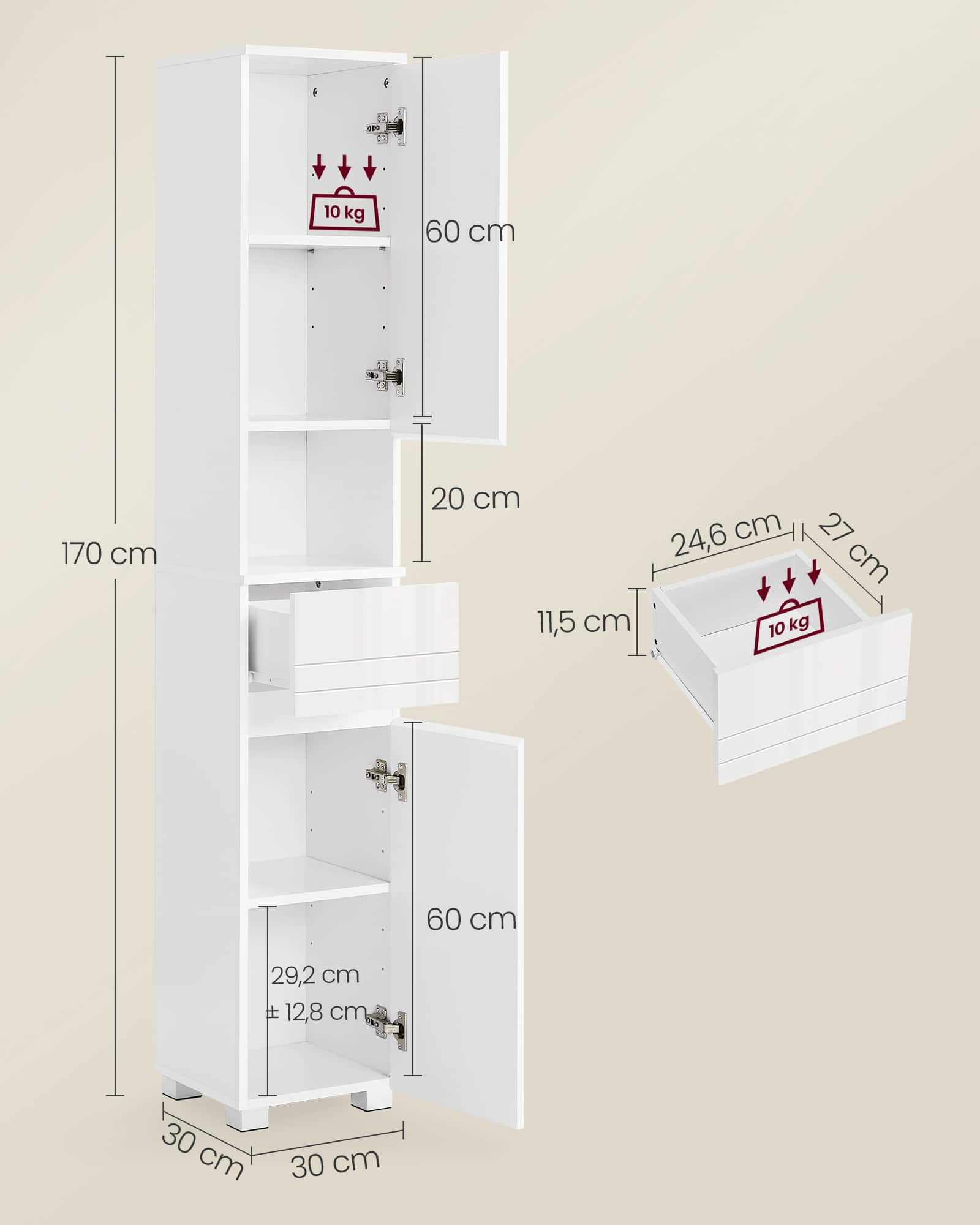 Badezimmerschrank 30 x 30 x 170 cm mit verstellbaren Ablagen Badezimmerschrank 30 x 30 x 170 cm mit verstellbaren Ablagen
