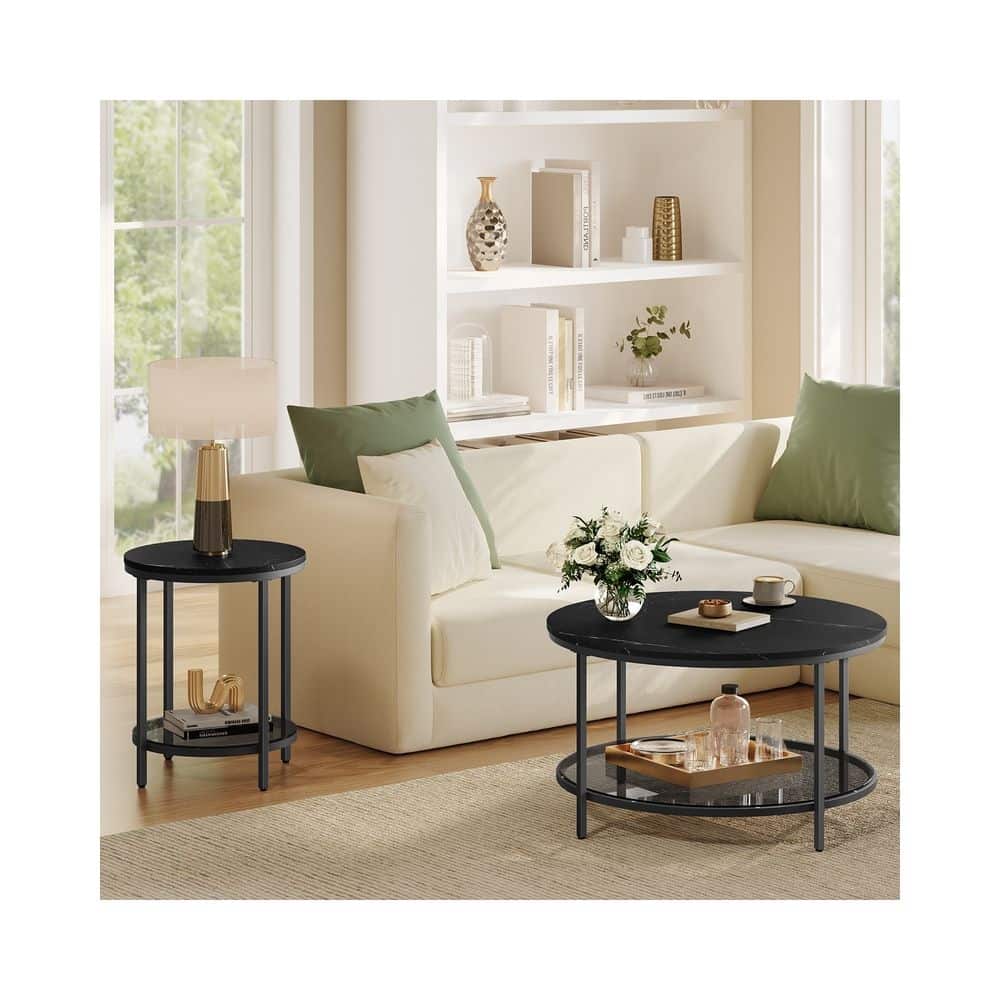 Beistelltisch 2 Ebenen in weißer Marmoroptik mit schwarzem Gestell Marmorschwarz-Tintenschwarz Beistelltisch 2 Ebenen in weißer Marmoroptik mit schwarzem Gestell Marmorschwarz-Tintenschwarz