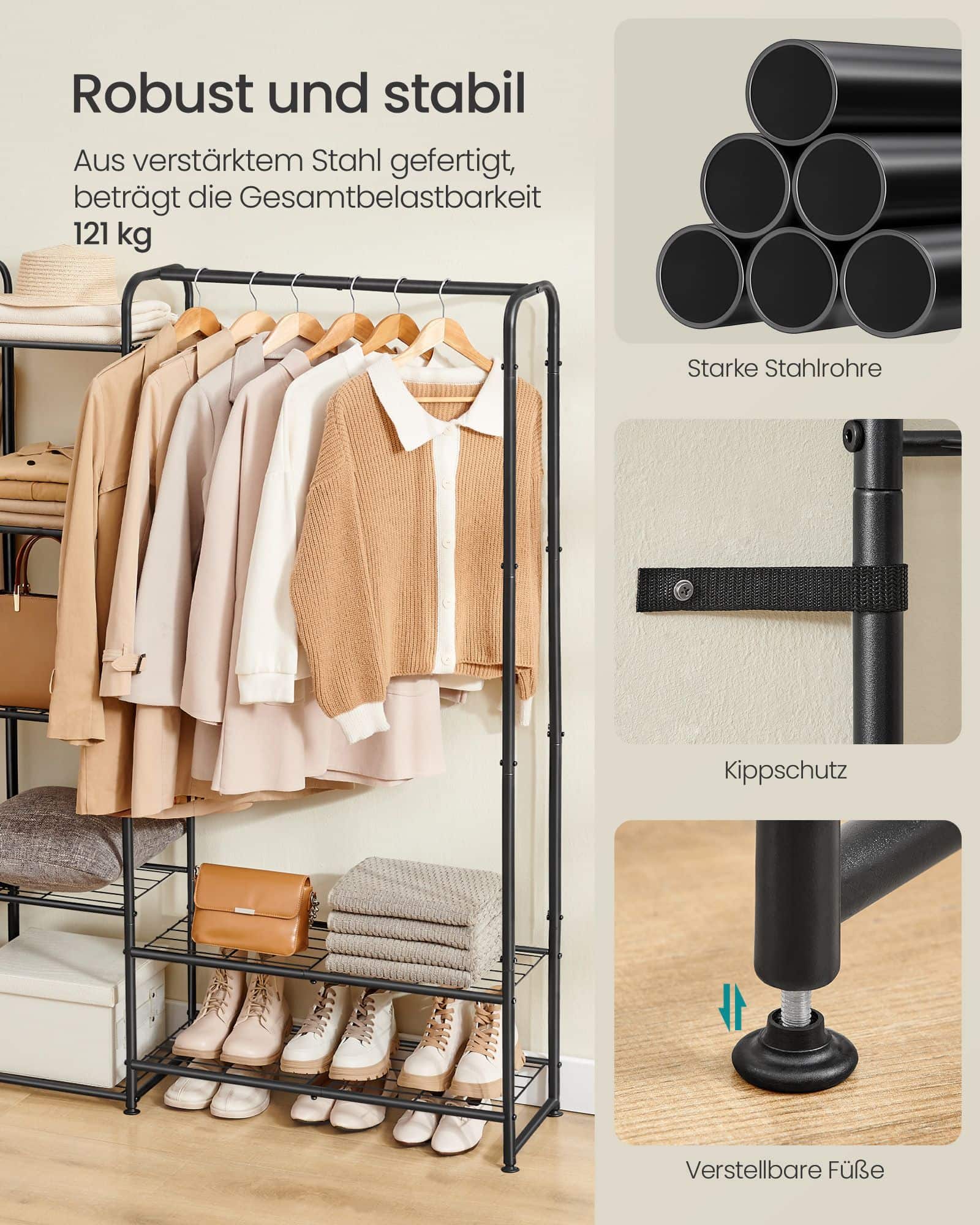 Kleiderständer mit Ablagen 29 x 183 x 158,4 cm mattschwarz Kleiderständer mit Ablagen 29 x 183 x 158,4 cm mattschwarz