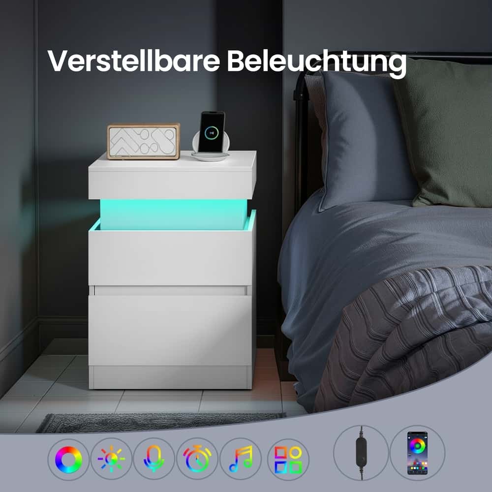 Beistelltisch mit Ladestation, Nachttisch mit Beleuchtung, Steckdosen