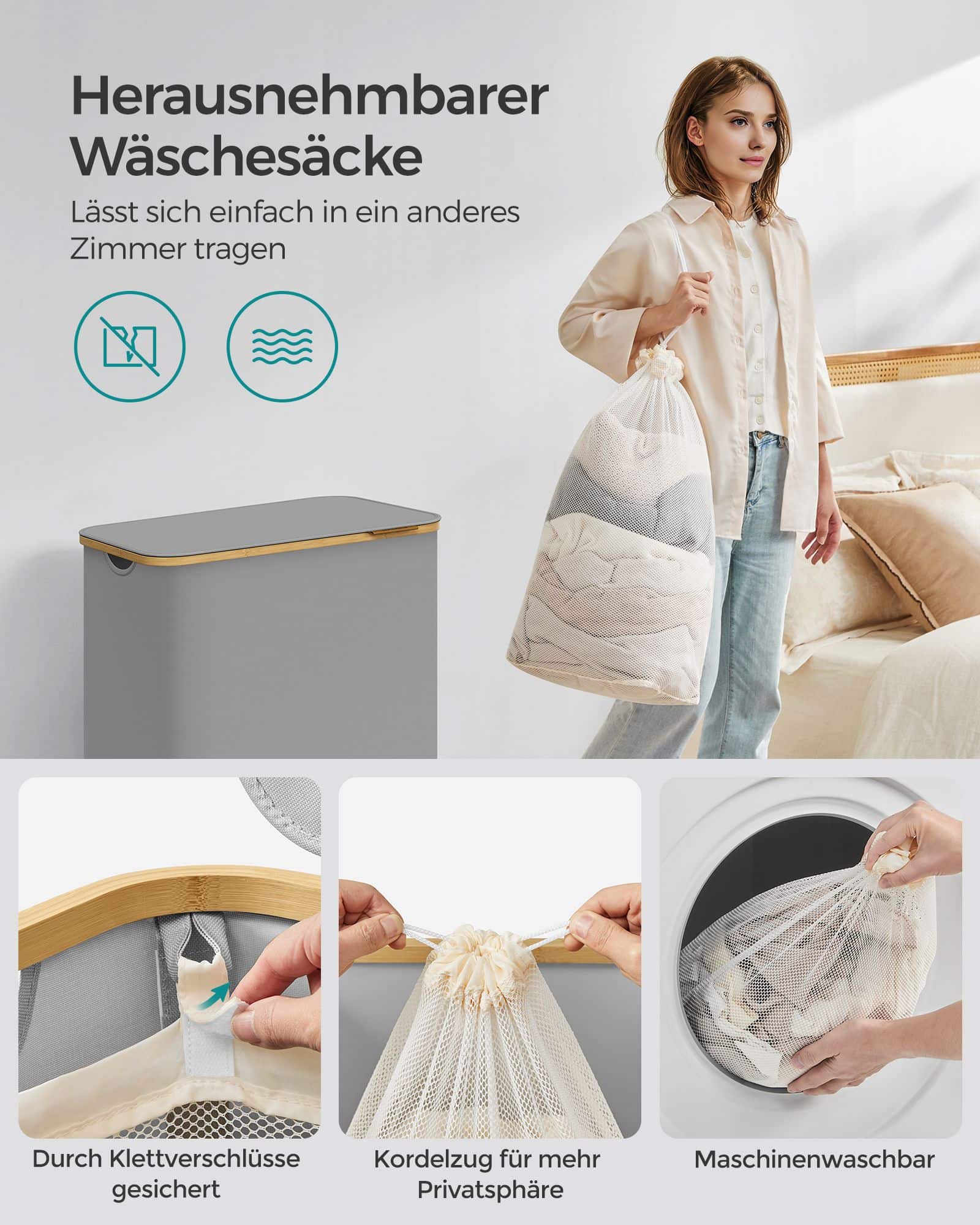 Wäschekorb 3 Fächer mit Griffen aus Bambus taubengrau