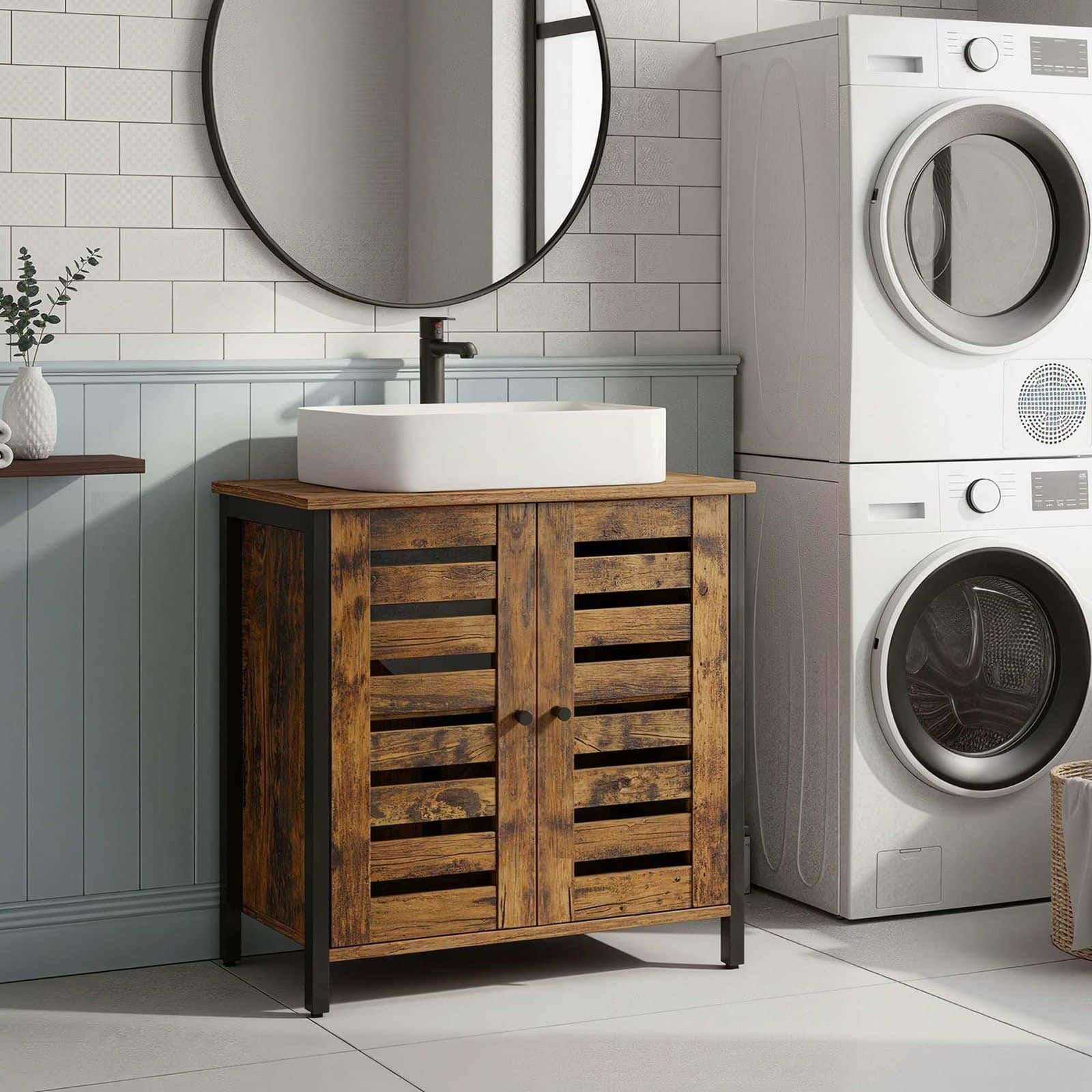 Aufbewahrungsschrank für Badezimmer, Waschbeckenunterschrank, mit 2 Lamellentüren Aufbewahrungsschrank für Badezimmer, Waschbeckenunterschrank, mit 2 Lamellentüren