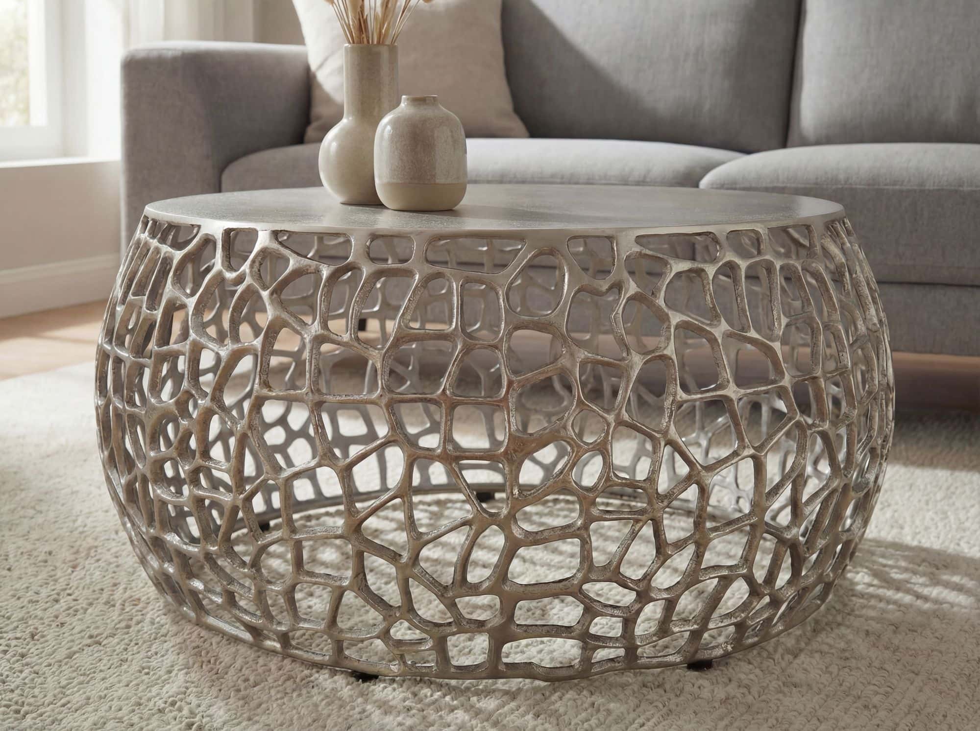 Couchtisch Metall Silber 60cm Sofatisch Aluminium Rund - Design Wohnzimmertisch mit Ast Struktur - Kleiner Kaffeetisch Modern - Beistelltisch Anstelltisch Wohnzimmer Handmade Couchtisch Metall Silber 60cm Sofatisch Aluminium Rund - Design Wohnzimmertisch mit Ast Struktur - Kleiner Kaffeetisch Modern - Beistelltisch Anstelltisch Wohnzimmer Handmade
