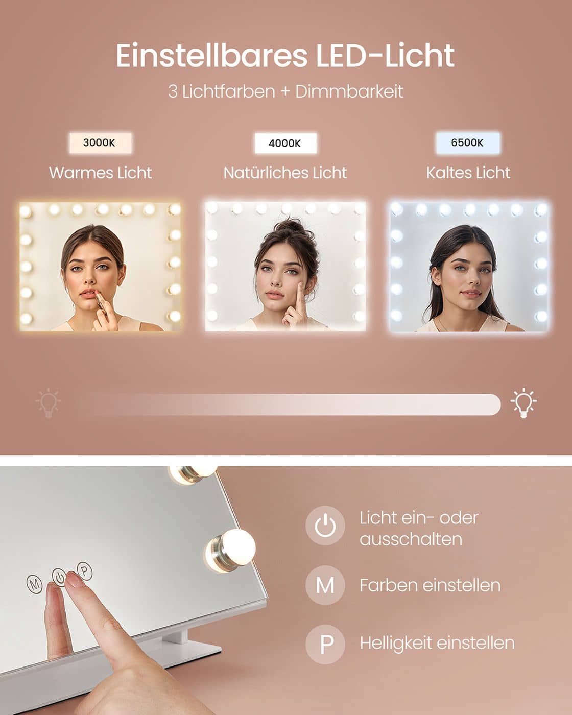 Schminkspiegel mit Beleuchtung und Ladeanschlüssen mattweiß Schminkspiegel mit Beleuchtung und Ladeanschlüssen mattweiß