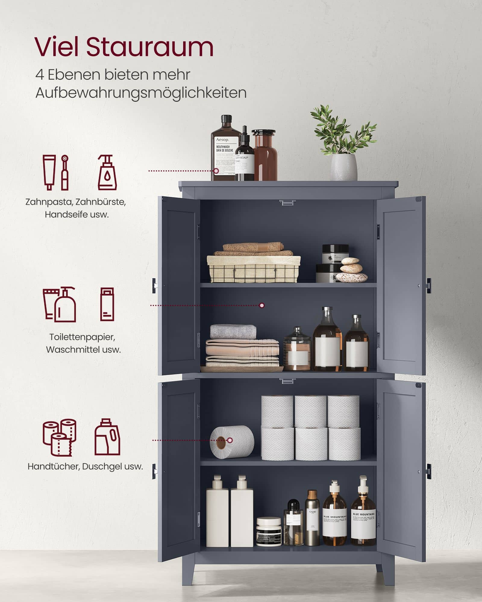 Badezimmerschrank mit 4 Türen und verstellbaren Ablagen Badezimmerschrank mit 4 Türen und verstellbaren Ablagen