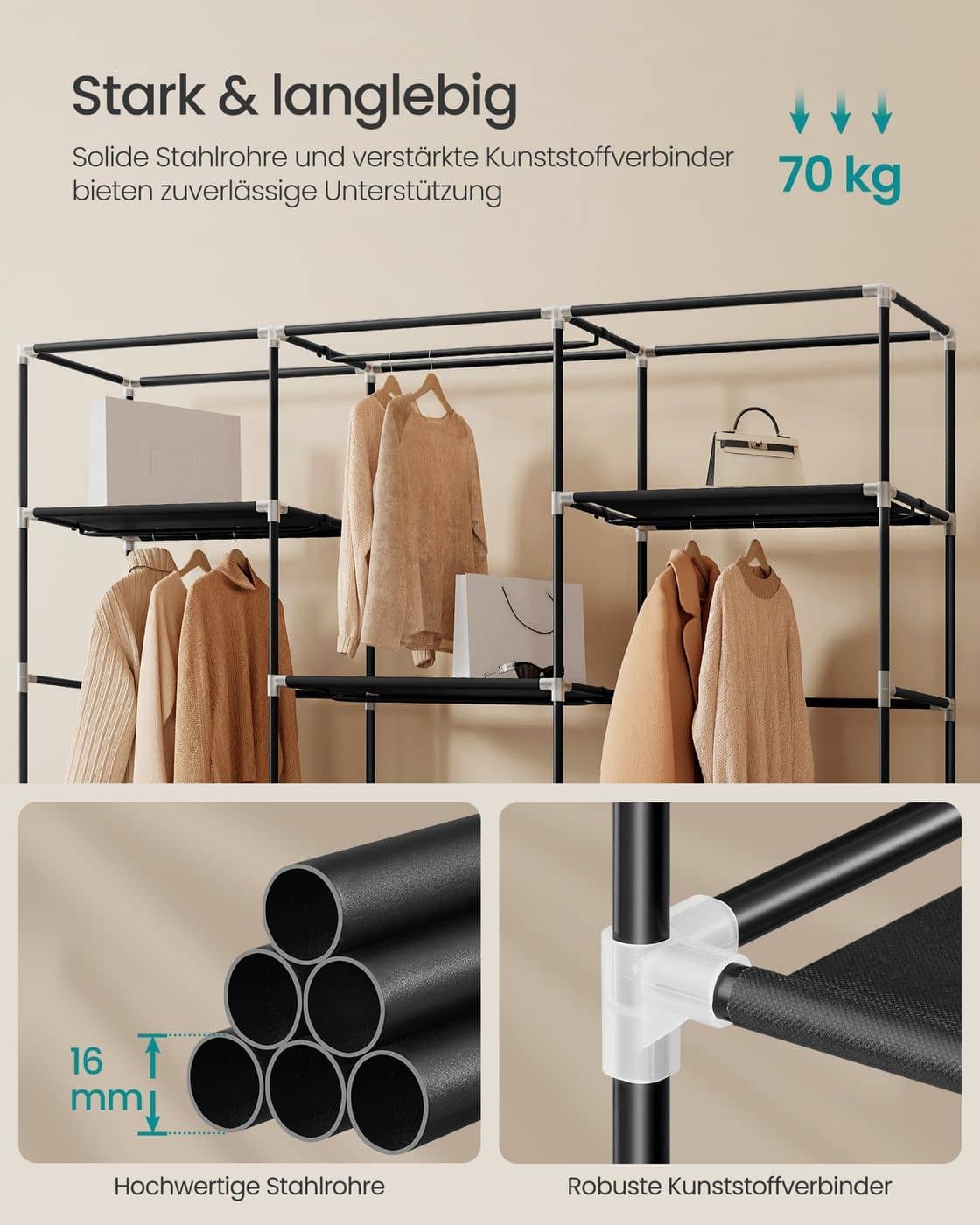 Stoffkleiderschrank mit Kleiderstange und praktischen Ablagen Stoffkleiderschrank mit Kleiderstange und praktischen Ablagen