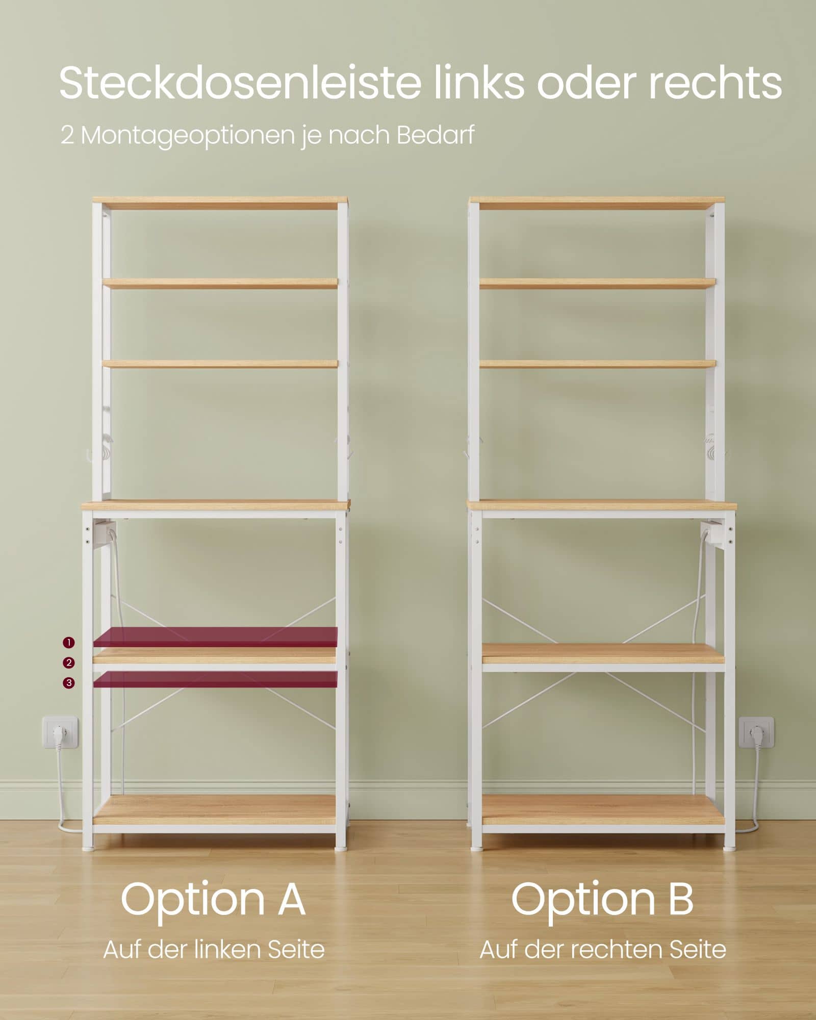 VASAGLE Küchenregal mit Steckdosen, verstellbaren Ablagen und Haken – 60x40x167 cm, Goldeiche-Wolkenweiß VASAGLE Küchenregal mit Steckdosen, verstellbaren Ablagen und Haken – 60x40x167 cm, Goldeiche-Wolkenweiß