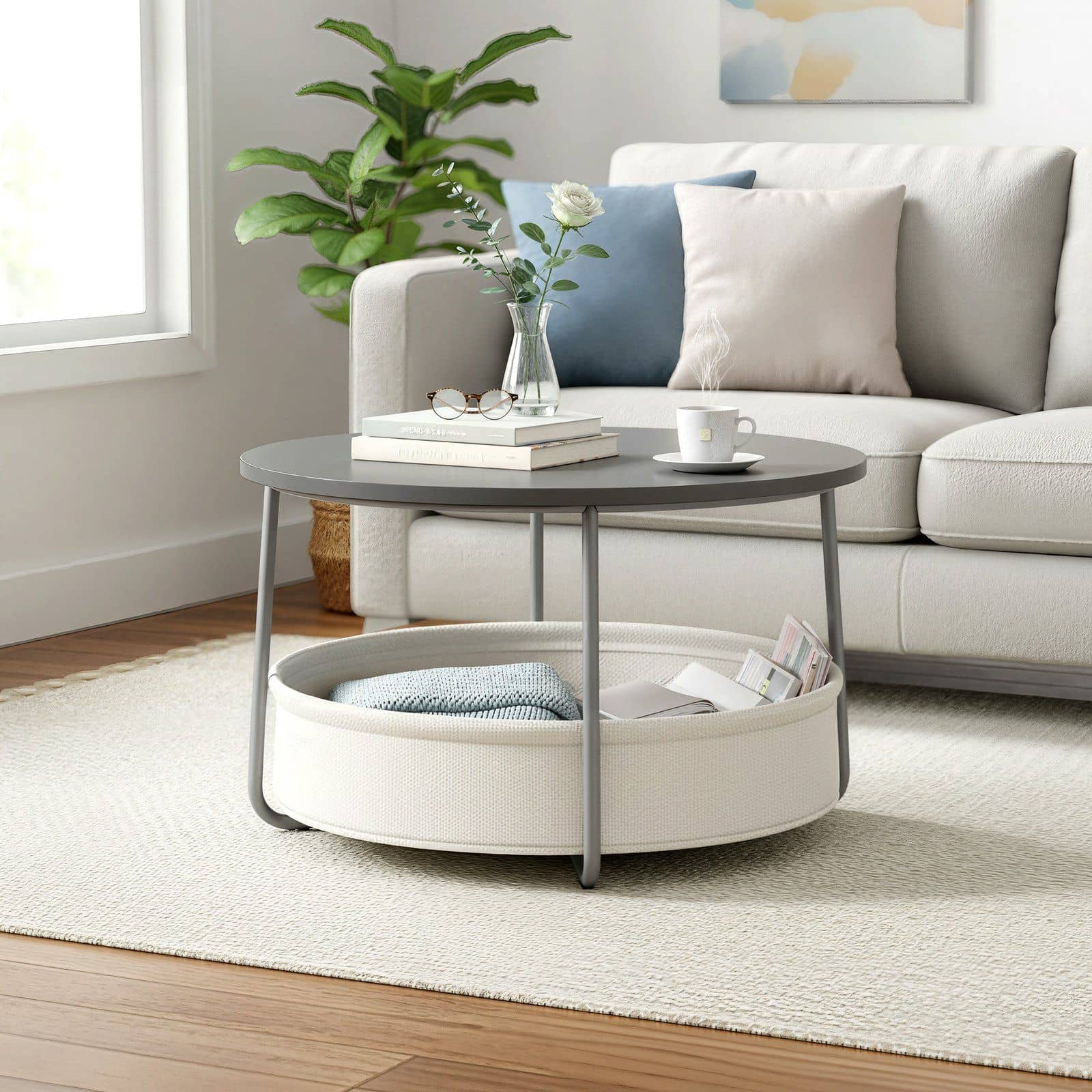 Wohnzimmertisch mit Stoffkorb, Beistelltisch mit Stauraum, Metallgestell Wohnzimmertisch mit Stoffkorb, Beistelltisch mit Stauraum, Metallgestell