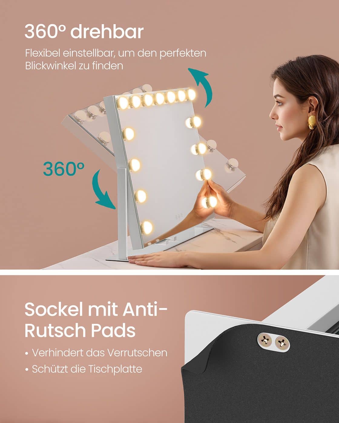 Schminkspiegel mit Beleuchtung und Ladeanschlüssen mattweiß Schminkspiegel mit Beleuchtung und Ladeanschlüssen mattweiß