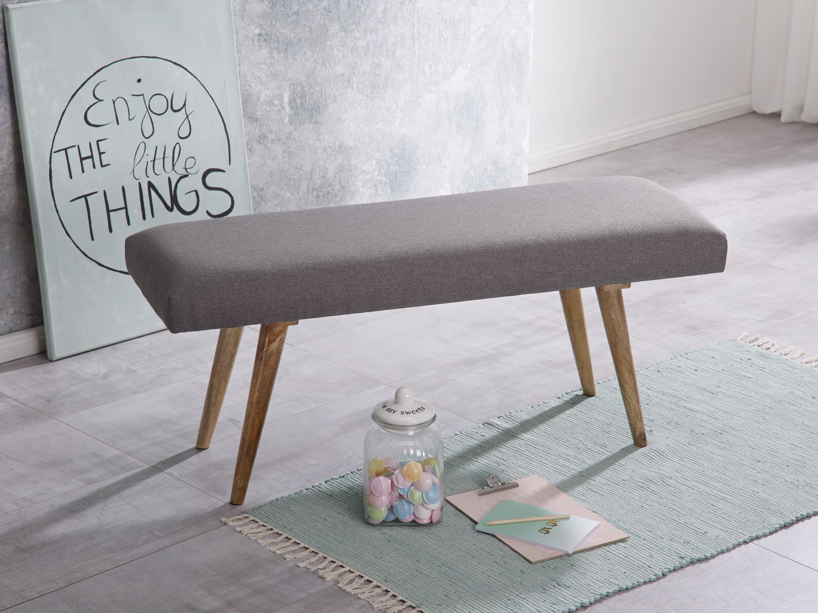 46014-WOHNLING-Sitzbank-117x37x51-cm-Baumwolle-gr_3 Sitzbank Stoff / Massivholz Bank Grau 117x51x38 cm im Retro Stil