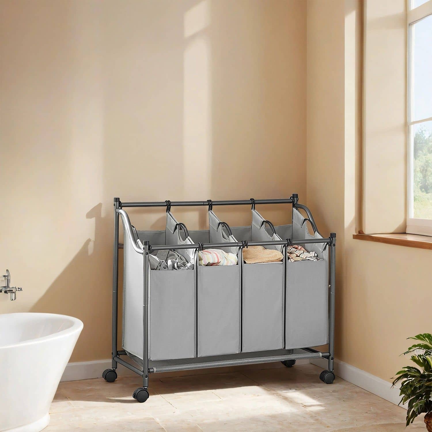 Wäschekorb mit Rollen, 4 x 35 L, Wäschesammler mit 4 abnehmbaren Wäschesäcken