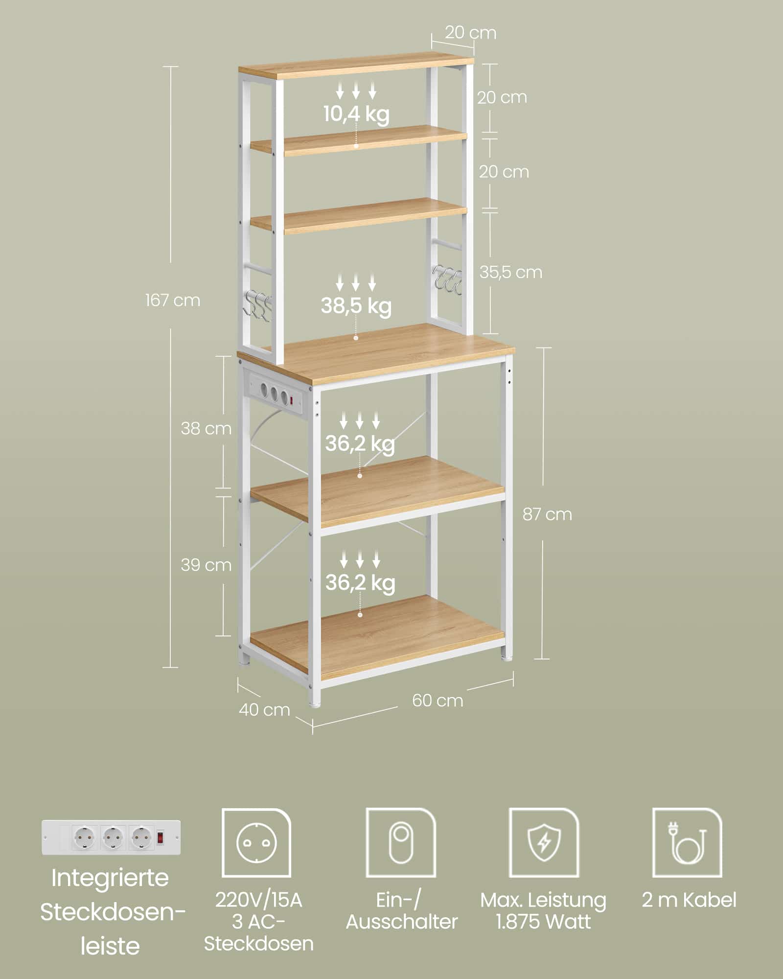 VASAGLE Küchenregal mit Steckdosen, verstellbaren Ablagen und Haken – 60x40x167 cm, Goldeiche-Wolkenweiß VASAGLE Küchenregal mit Steckdosen, verstellbaren Ablagen und Haken – 60x40x167 cm, Goldeiche-Wolkenweiß