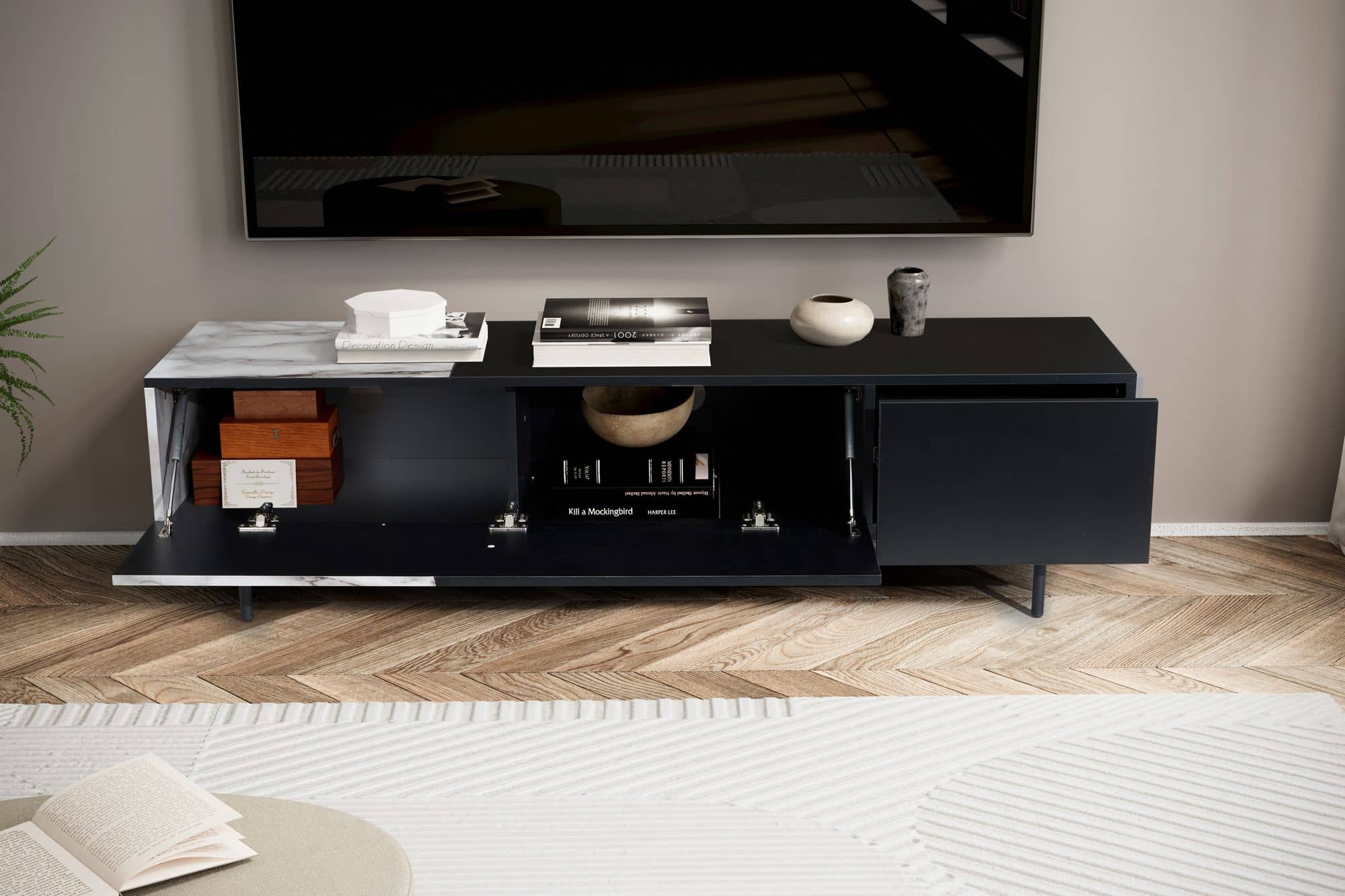 Lowboard Schwarz mit Marmor-Dekor in Weiß 150x40x40 cm TV-Kommode Modern Lowboard Schwarz mit Marmor-Dekor in Weiß 150x40x40 cm TV-Kommode Modern