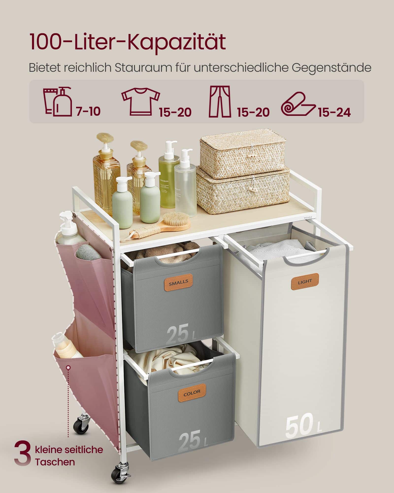 Wäschekorb 3 Fächer naturbeige-taubengrau-cremeweiß Wäschekorb 3 Fächer naturbeige-taubengrau-cremeweiß