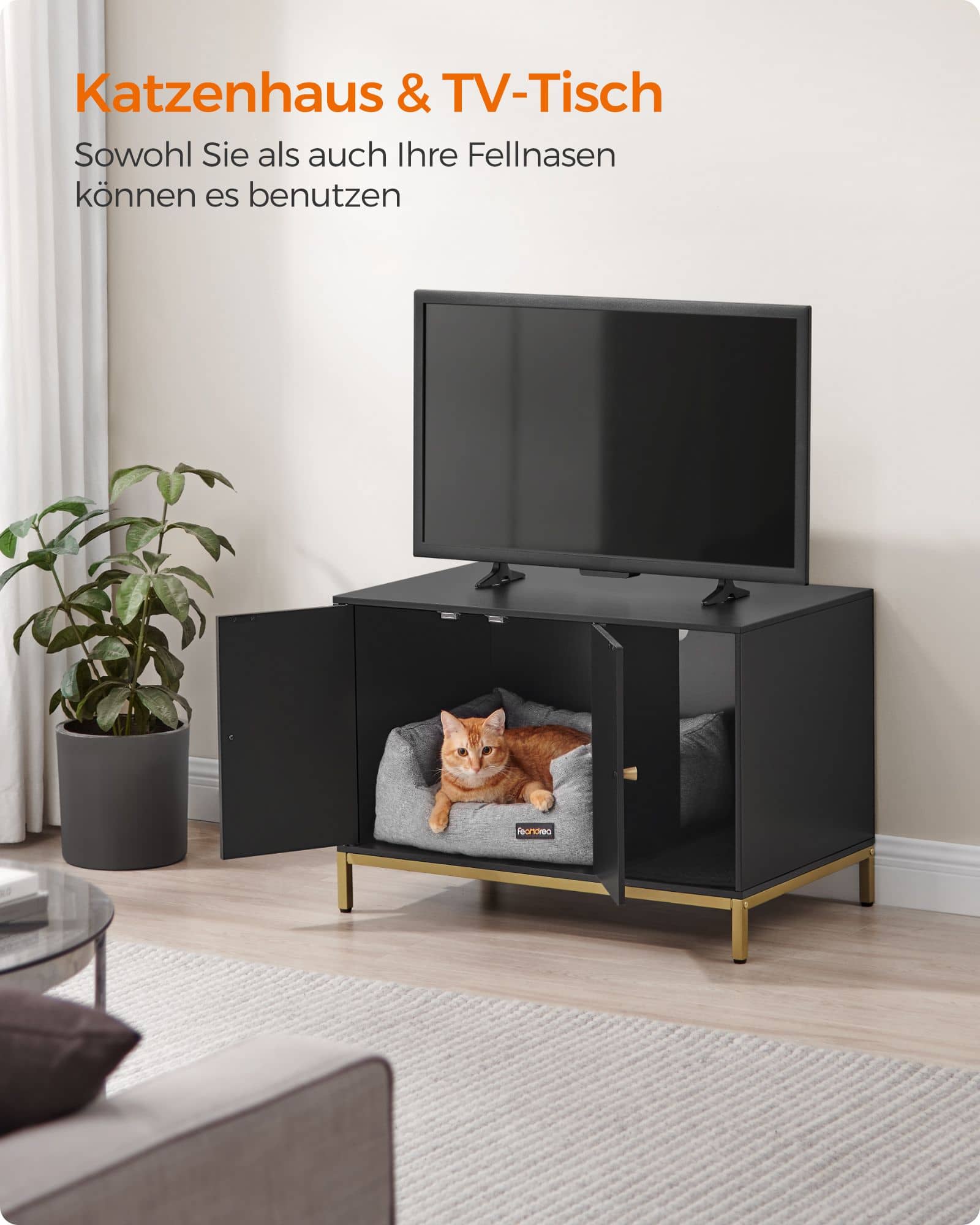 Katzenklo-Schrank mit Kratzmatte und Beinen goldfarben Katzenklo-Schrank mit Kratzmatte und Beinen goldfarben