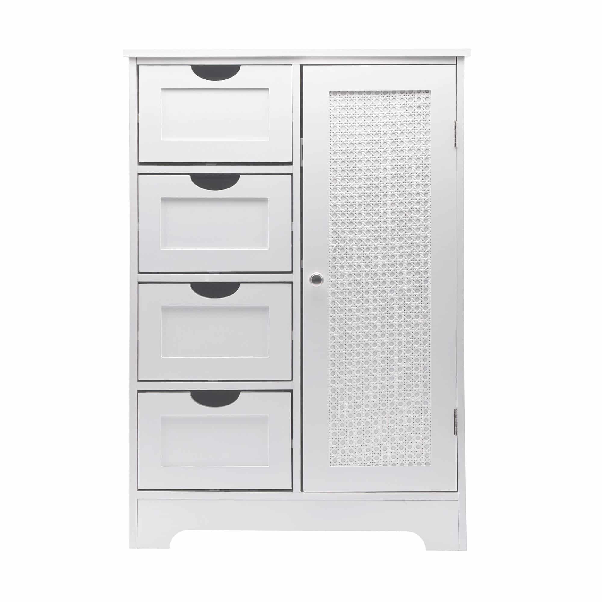 schmaler Badschrank 55x80 cm mit Wiener Geflecht – Badezimmerschrank mit Tür und 4 Schubladen – Badregal aus lackiertem MDF – Badezimmerregal modern – Aufbewahrungsschrank Bad Badezimmer