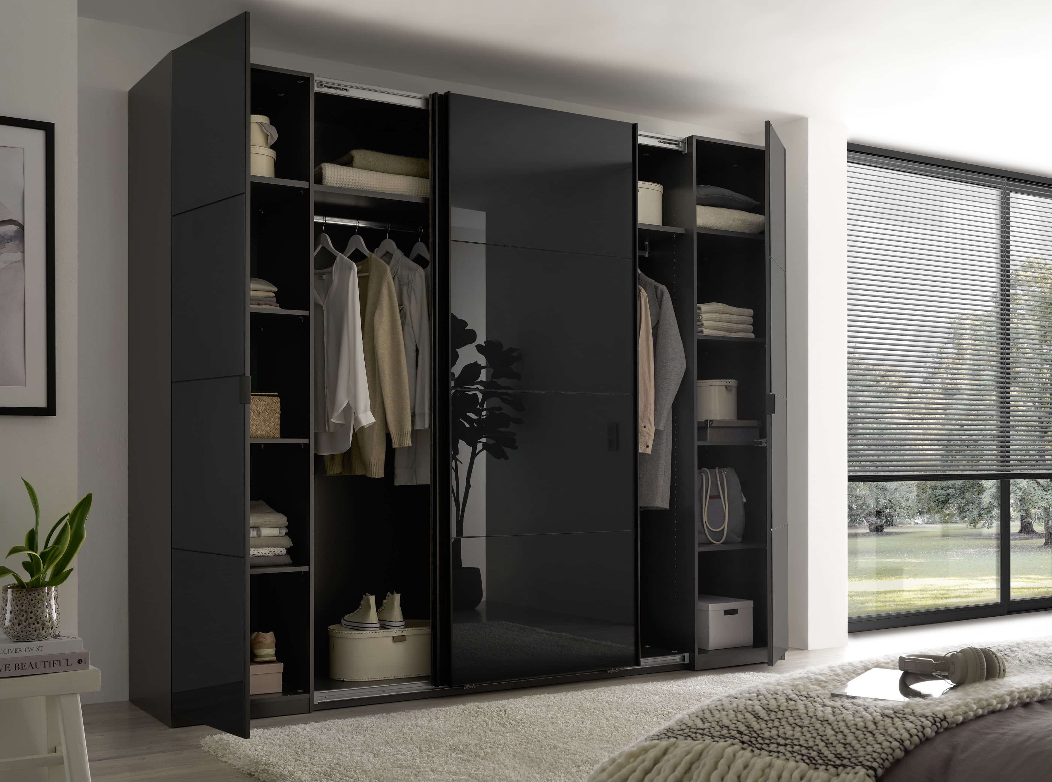 Mufo Kleiderschrank - graphit – moderner Schwebetüren-Schrank mit Drehtüren & Glasfront Mufo Kleiderschrank - graphit – moderner Schwebetüren-Schrank mit Drehtüren & Glasfront