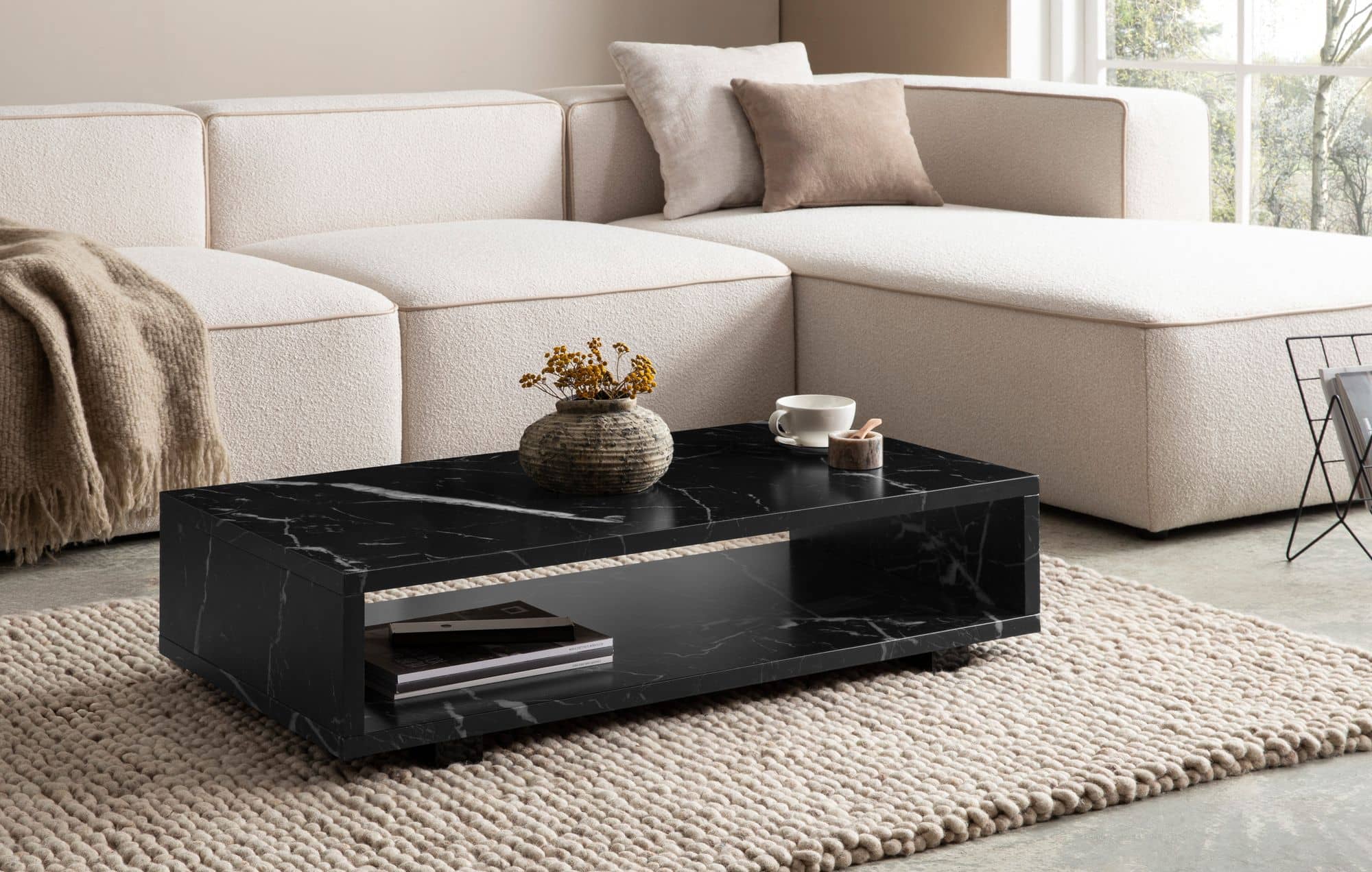 Couchtisch 100x50x25 cm Schwarz Sofatisch in Marmor-Optik Modern