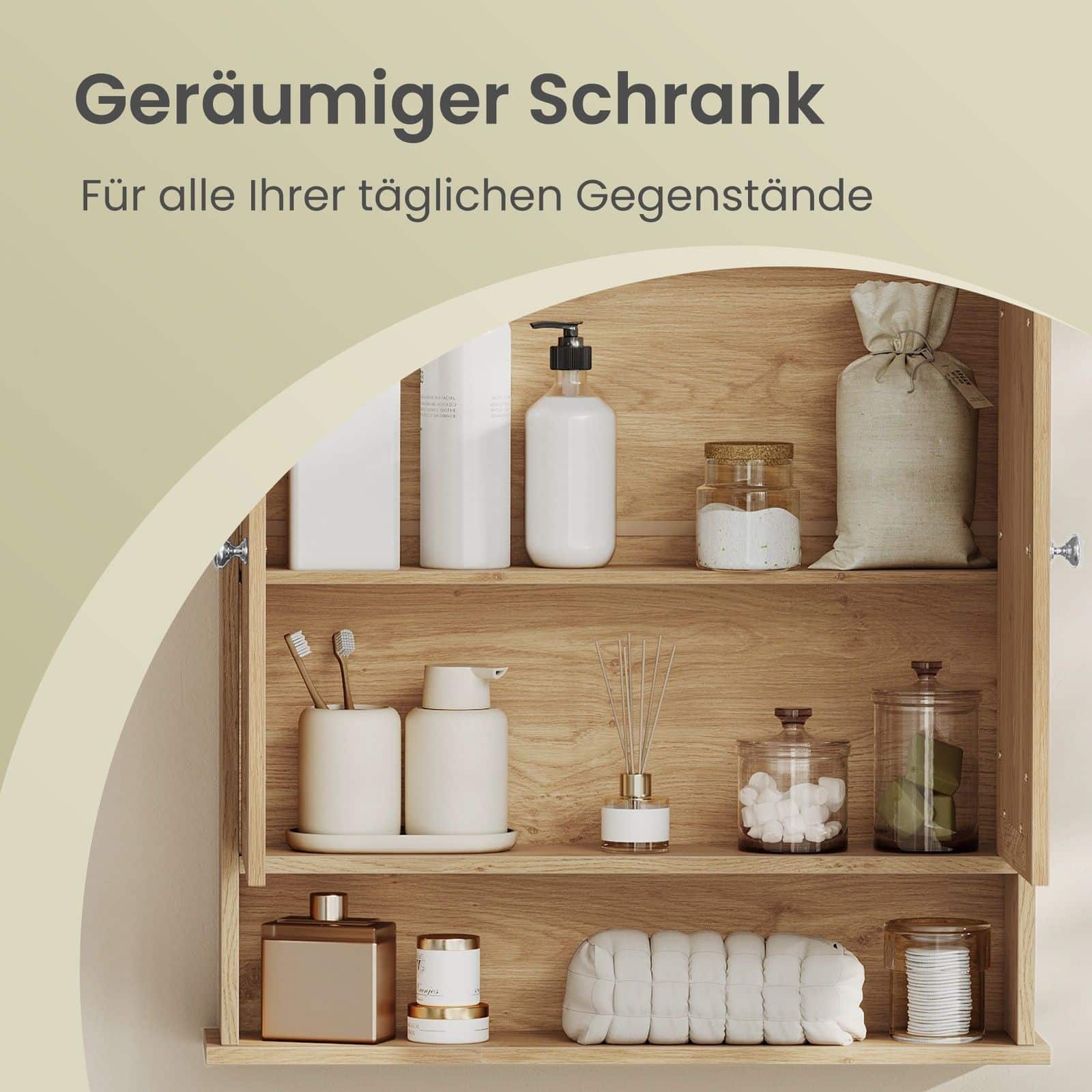 Wandschrank mit Spiegel, Badschrank mit 2 Spiegeltüren und offenem Fach, verstellbare Ablage Wandschrank mit Spiegel, Badschrank mit 2 Spiegeltüren und offenem Fach, verstellbare Ablage