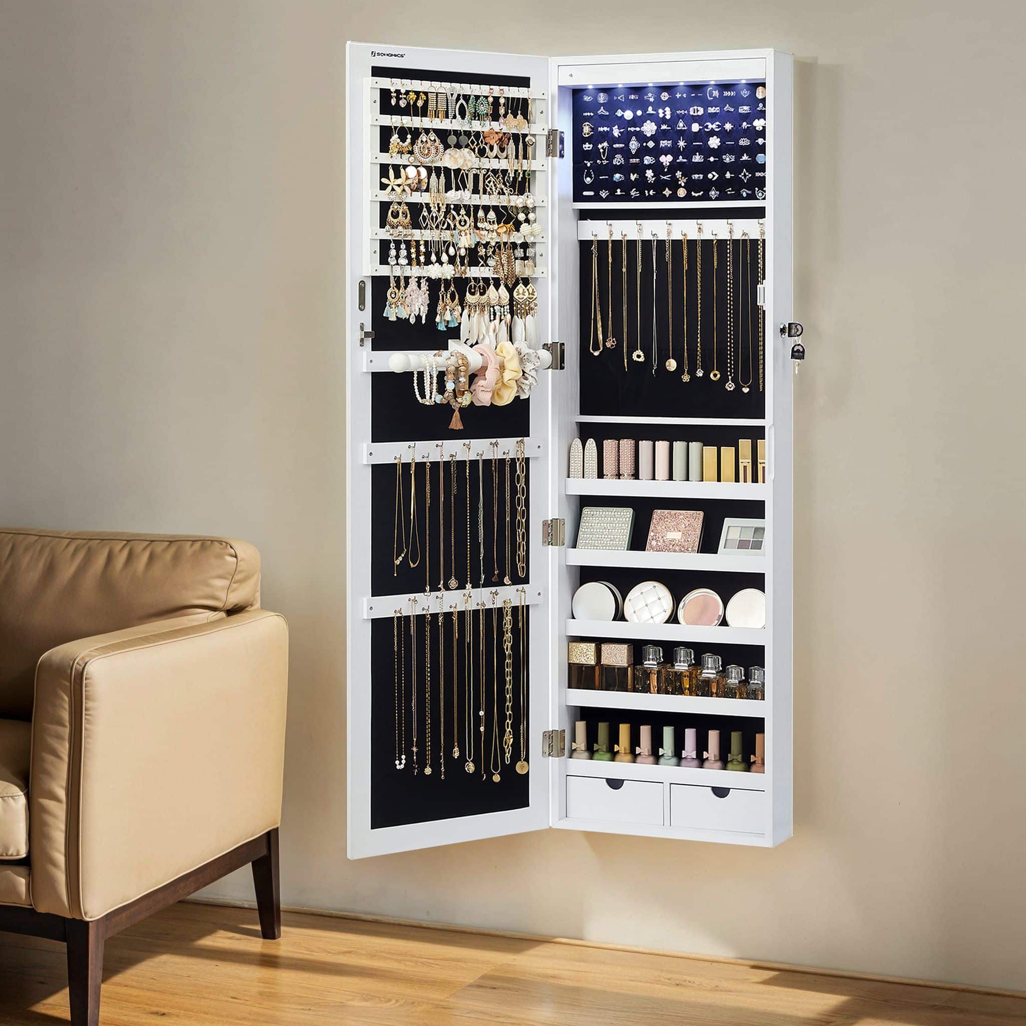 Schmuckschrank hängend, Wandspiegel, 6 LED-Glühbirnen Schmuckschrank hängend, Wandspiegel, 6 LED-Glühbirnen