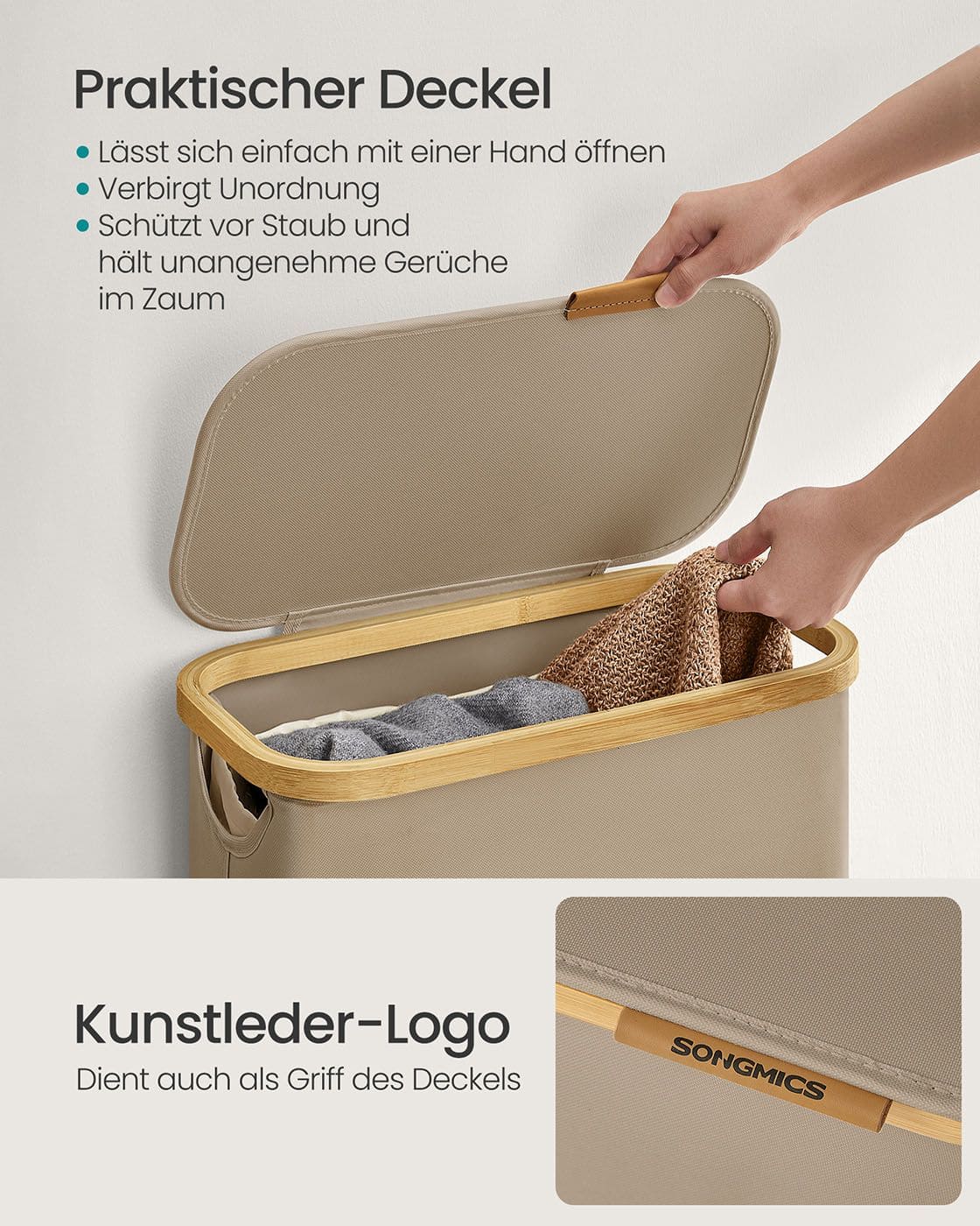 Wäschekorb 65 L mit Deckel 150 L 42 x 22,5 x 70,5 cm kamelbraun Wäschekorb 65 L mit Deckel 150 L 42 x 22,5 x 70,5 cm kamelbraun
