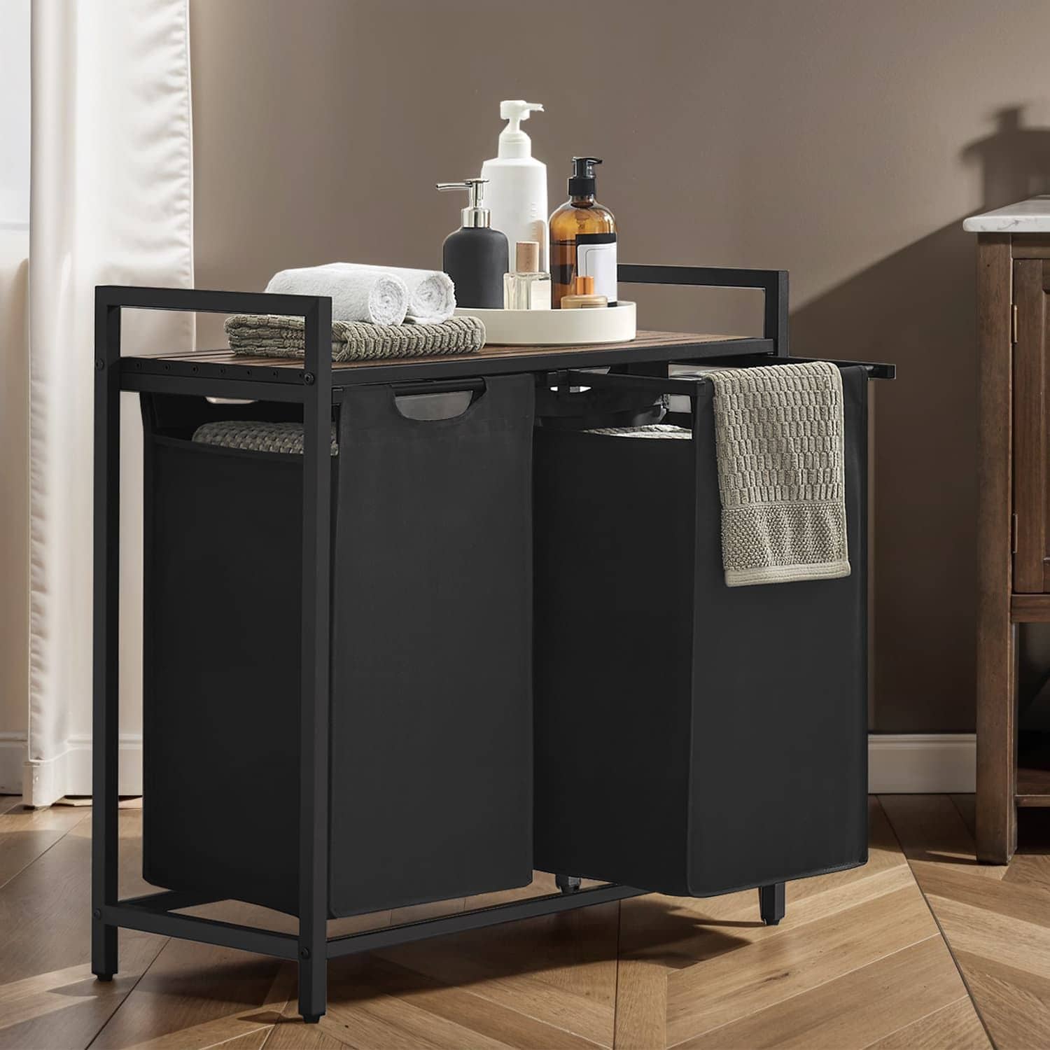 Wäschekorb 2 Fächer, Wäschesammler mit Ablage, Wäschebox Wäschekorb 2 Fächer, Wäschesammler mit Ablage, Wäschebox