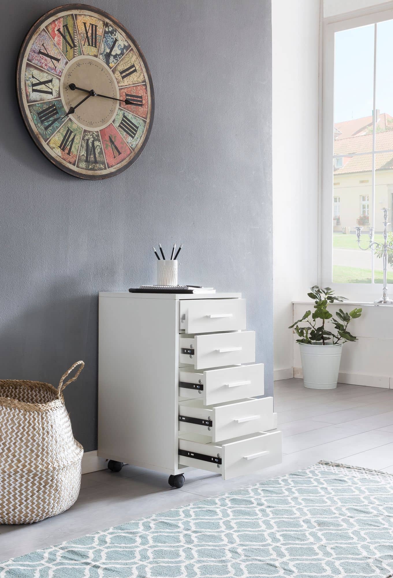 45767-WOHNLING-Rollcontainer-LISA-mit-5-Schublade_3 Rollcontainer Weiß 33 x 63 x 38 cm Holz Schubladenschrank Schreibtisch