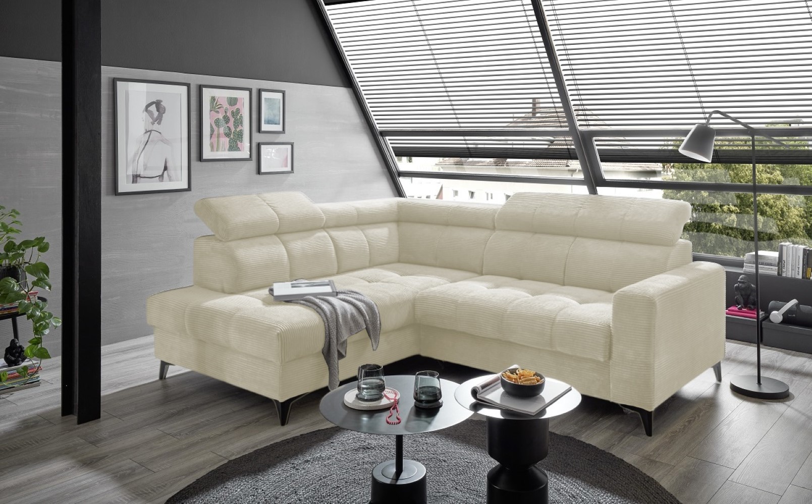 Ecksofa Bavaro elektronischer Sitztiefenverstellung und Breitcord-Bezug Ed Exciting Design