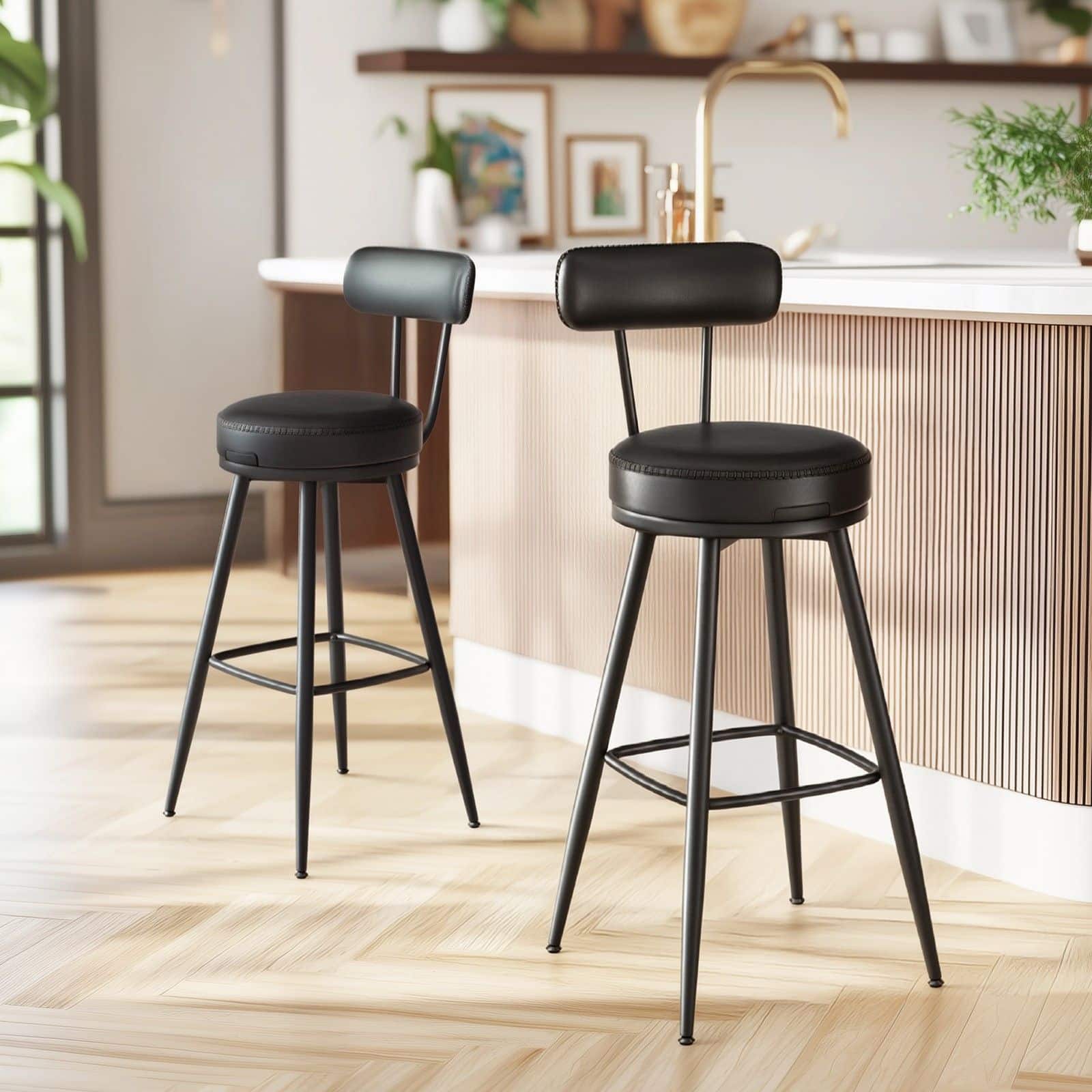 Barhocker 2er Set, hohe Drehhocker mit Rückenlehne, Kunstleder