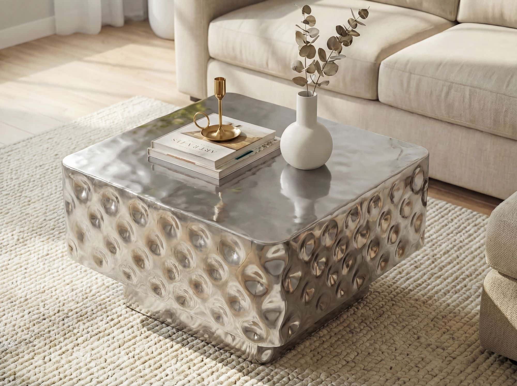 Couchtisch Aluminium Quadratisch 60cm Silber - Design Wohnzimmertisch Gehämmert - Moderner Loungetisch - Sofatisch Hammerschlag - Beistelltisch Wohnzimmer Handmade Couchtisch Aluminium Quadratisch 60cm Silber - Design Wohnzimmertisch Gehämmert - Moderner Loungetisch - Sofatisch Hammerschlag - Beistelltisch Wohnzimmer Handmade