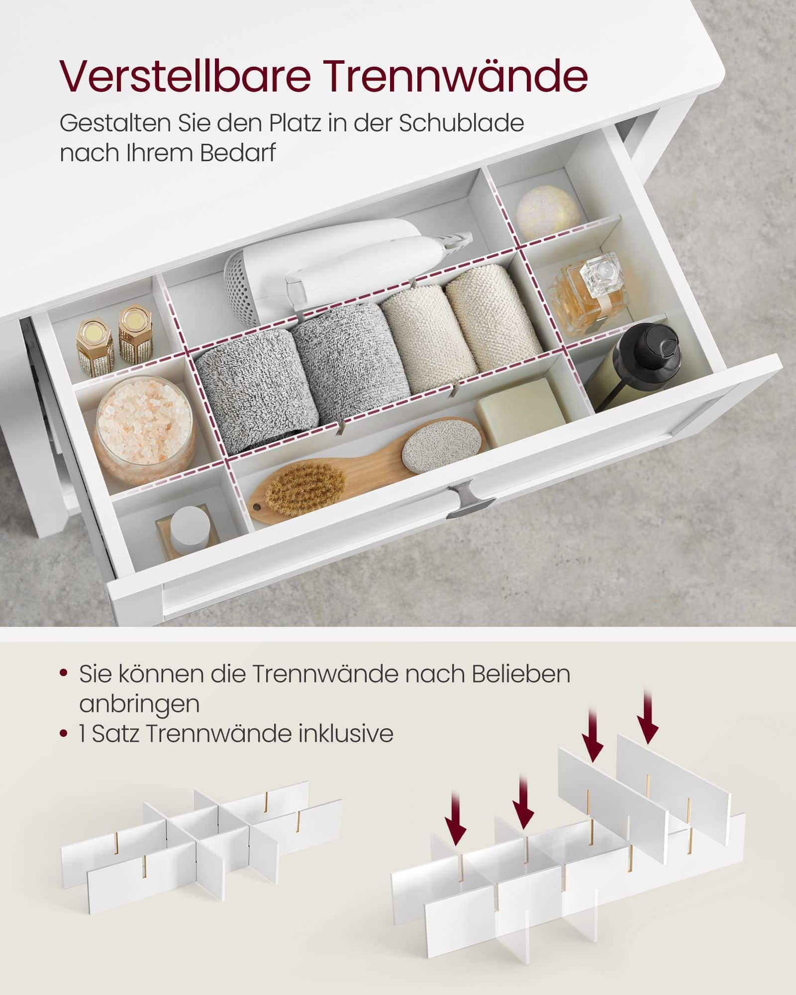 Badezimmermöbel mit verstellbaren Trennwänden wolkenweiß Badezimmermöbel mit verstellbaren Trennwänden wolkenweiß