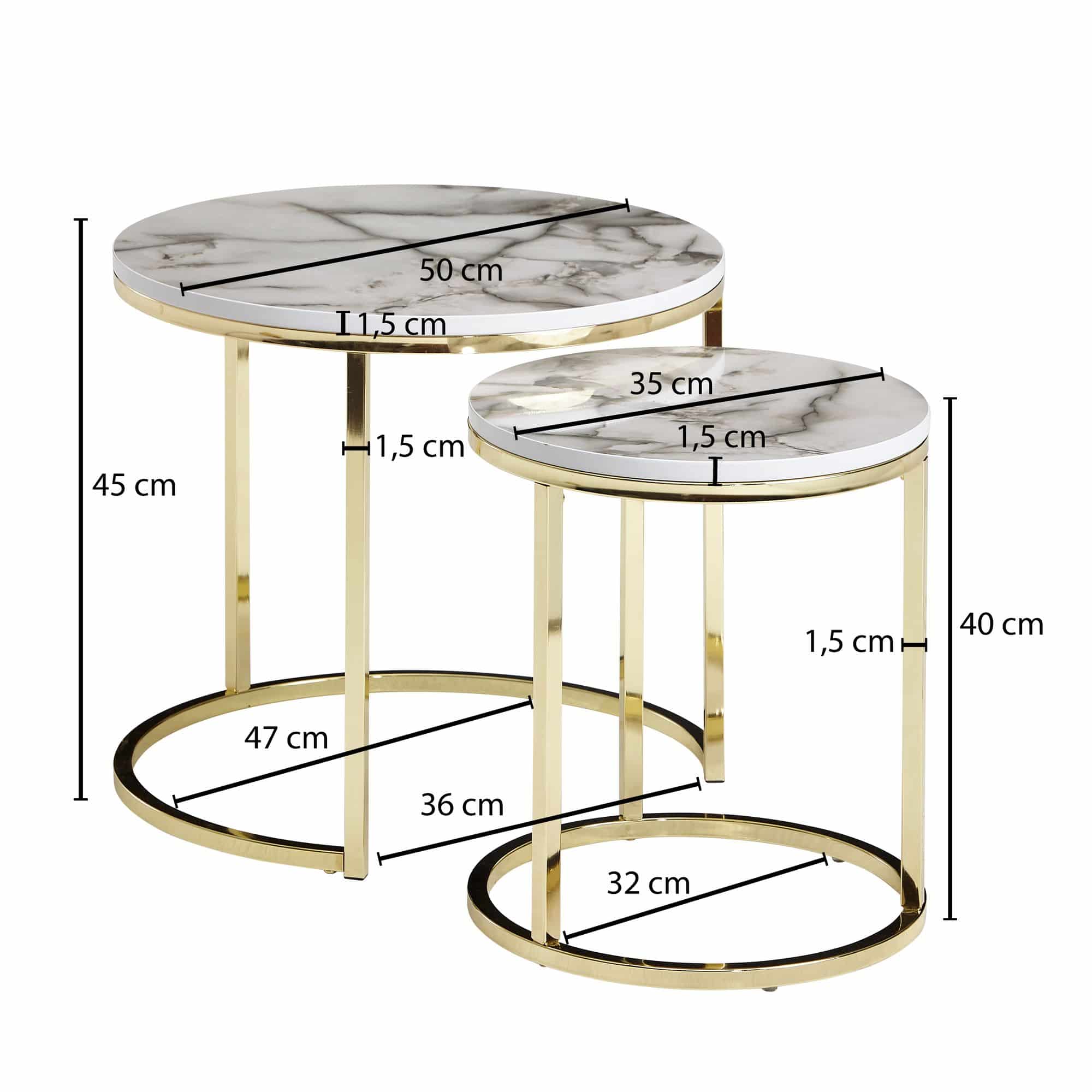 57305-Wohnling-Couchtisch-2er-Set-Marmoroptik-mit-Messing-Gestell-WL6-252-WL6-252 Design Beistelltisch 2er Set Weiß Marmor Optik Rund