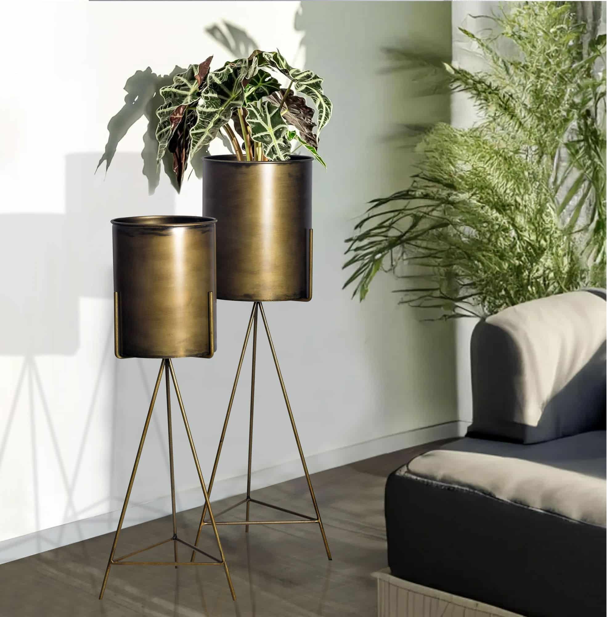 Blumentopf 2er Set Metall Pflanzkübel Gold mit Gestell Blumentopf 2er Set Metall Pflanzkübel Gold mit Gestell